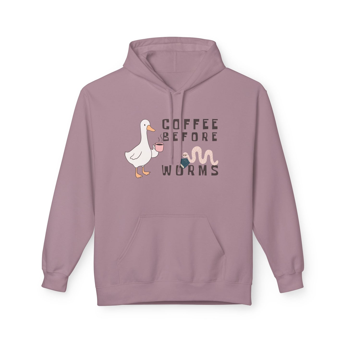 Teen/Adult Unisex Coffee Before Worms Hoodie – Funny Duck & Bookworm Morning Design