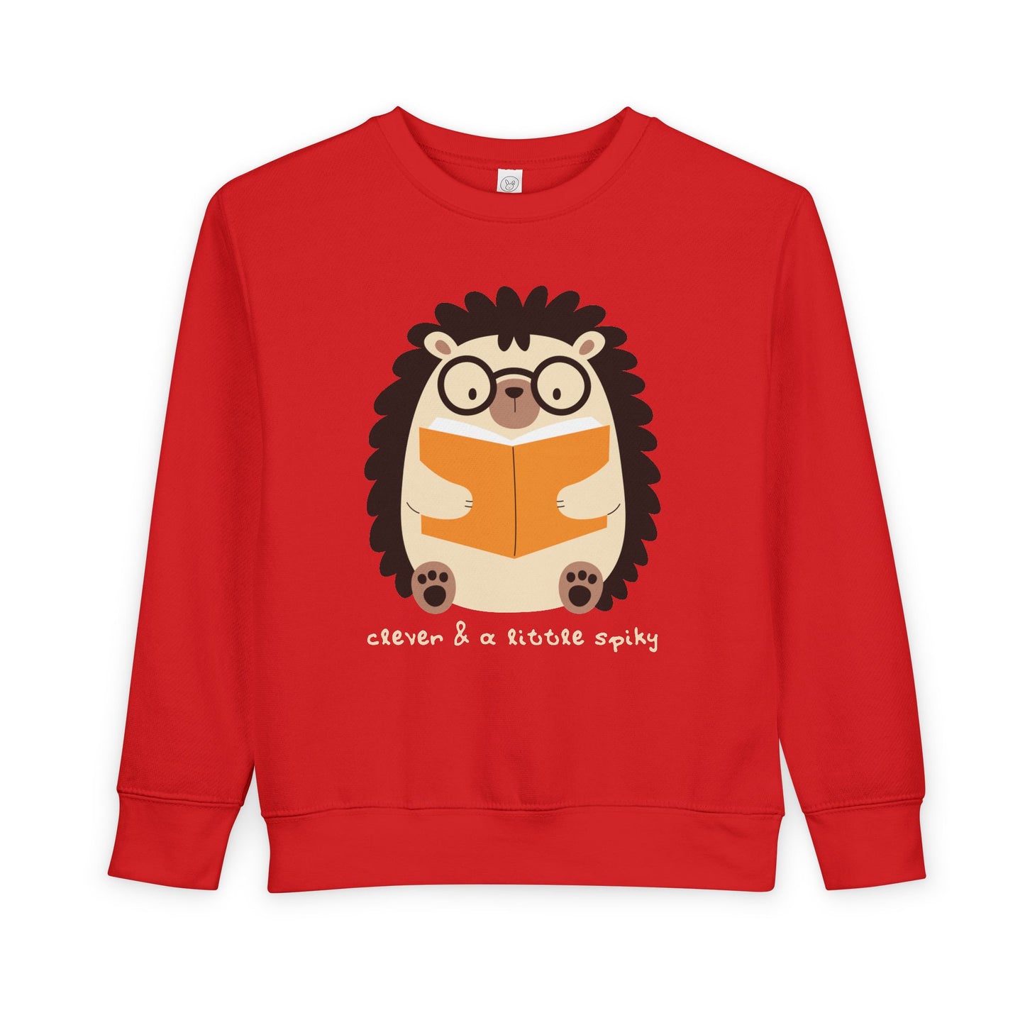 Red toddler sweatshirt with a hedgehog graphic reading a book and text 'clever & a little spiky'