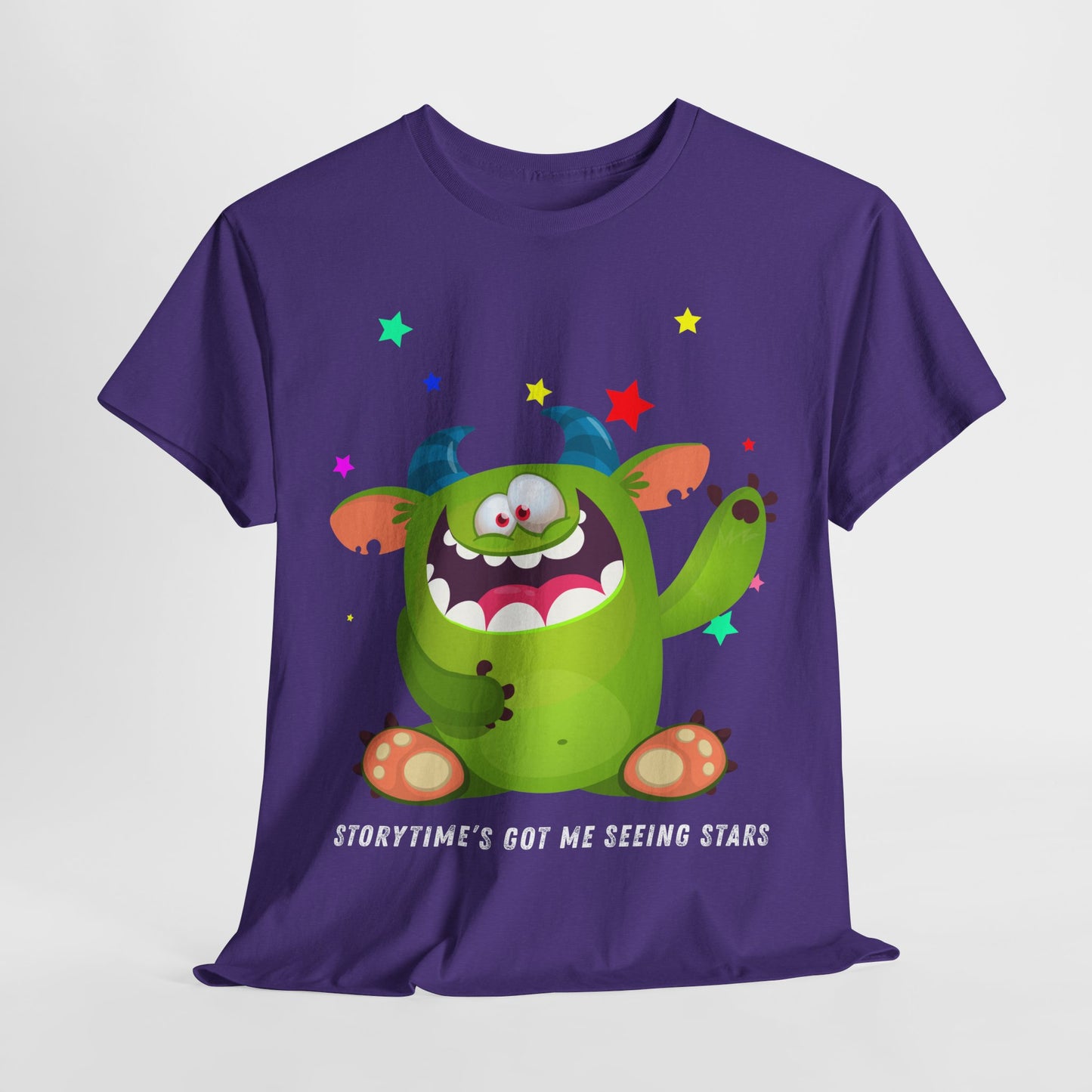 Teen/Adult Unisex Storytime’s Got Me Seeing Stars – Playful Monster Reading Tee