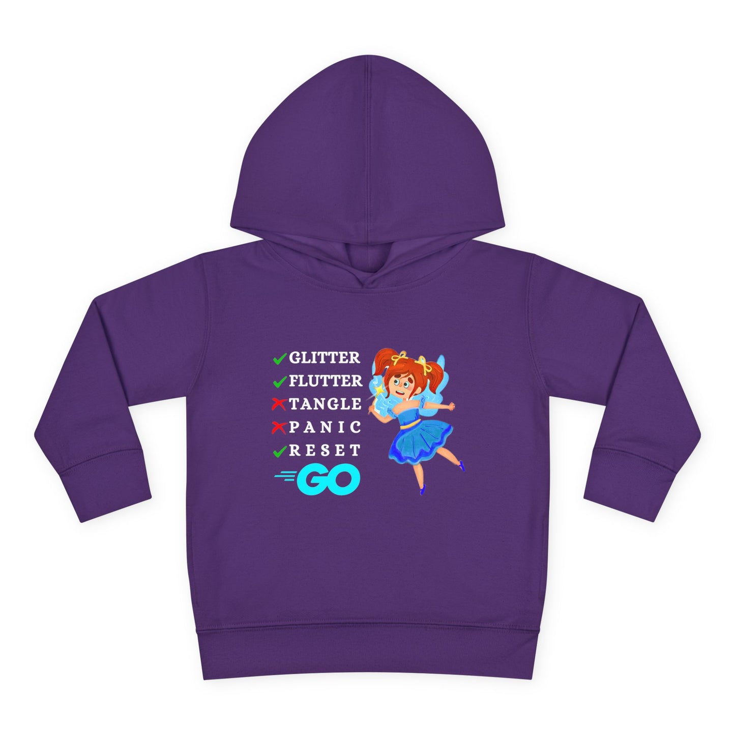 Cheerful fairy with pink wings and a yellow dress smiling and holding a wand, surrounded by sparkles, with the words “Glitter Flutter Go” — printed on a toddler hoodie.