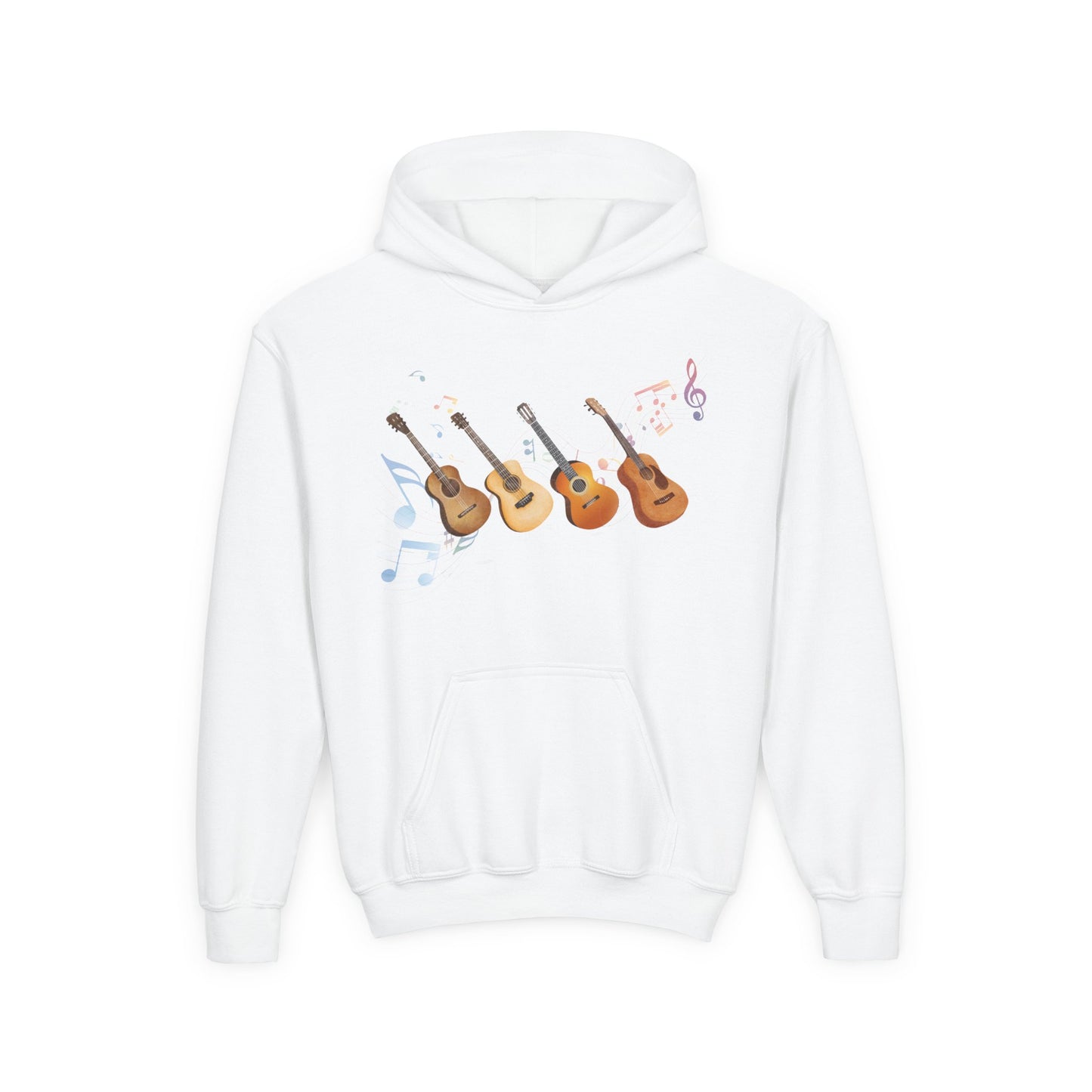 White youth hoodie with four guitar s and music notes