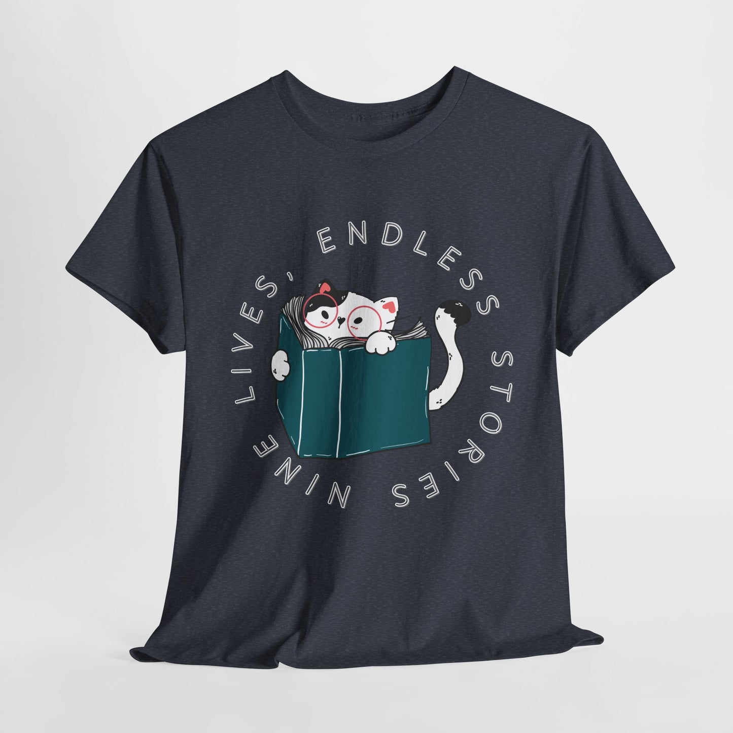 Teen/Adult Unisex "Nine Lives, Endless Stories" Cat & Book Graphic T-Shirt – Fun Reader Gift Tee