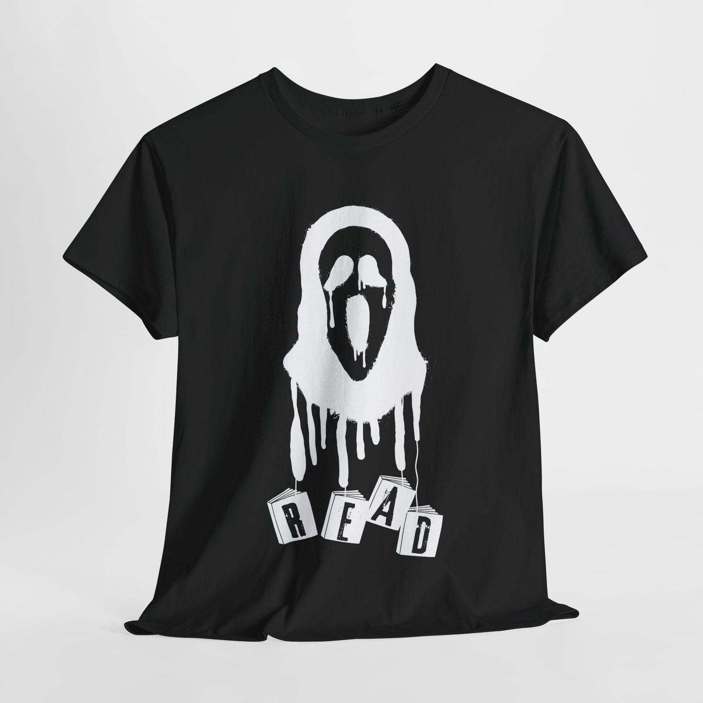 Teen/Adult Unisex Horror Mask READ T-Shirt – Creepy Book Lover Graphic Tee