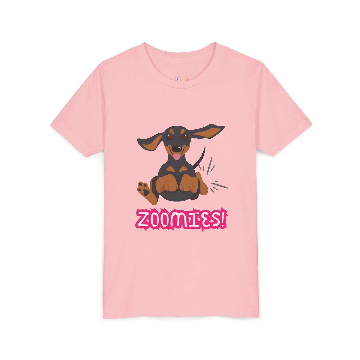 Pink t-shirt with a running dachshund and 'Zoomies!' text