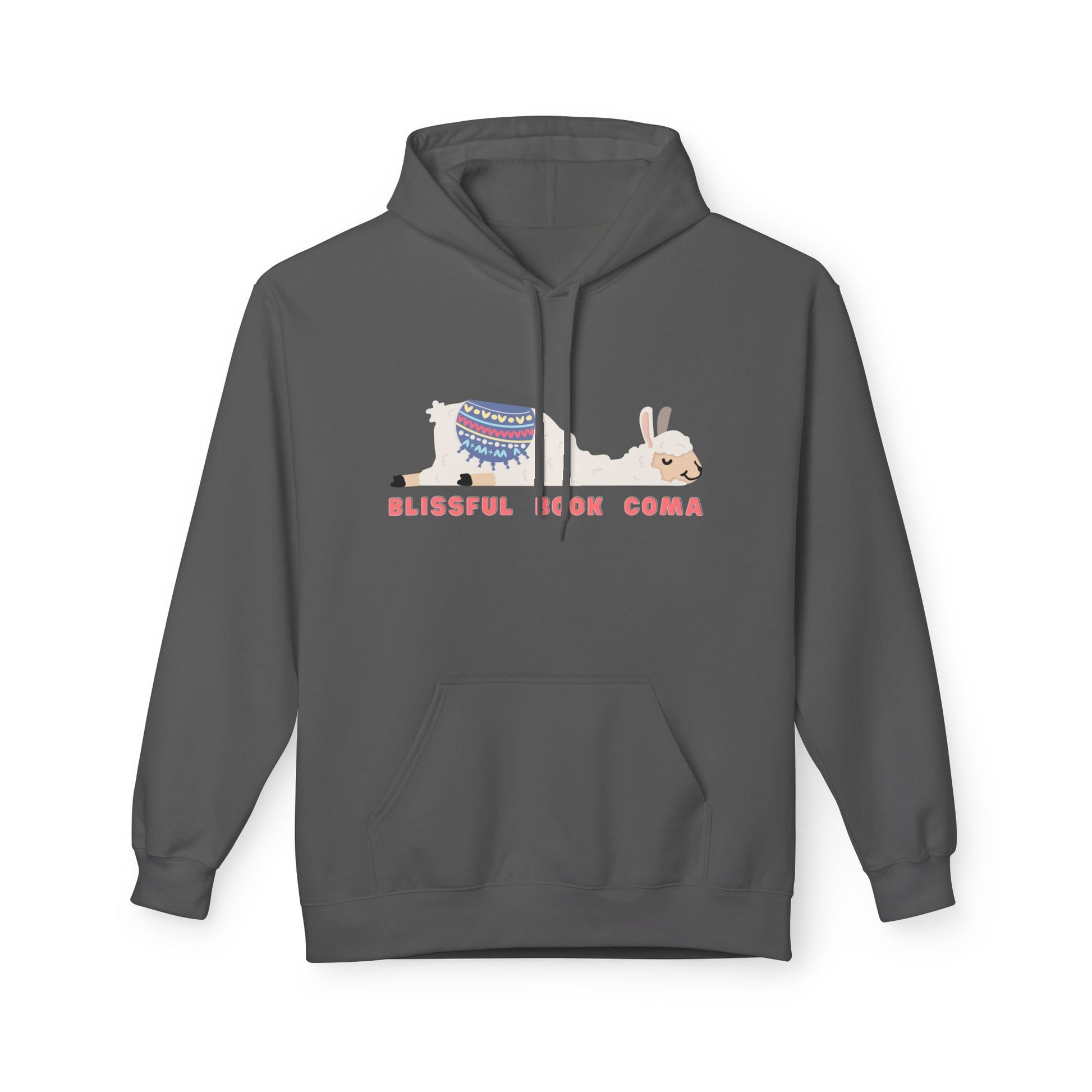 Gray hoodie with an illustration of a relaxed llama in a patterned blanket lying beside the text “Blissful Book Coma.”
