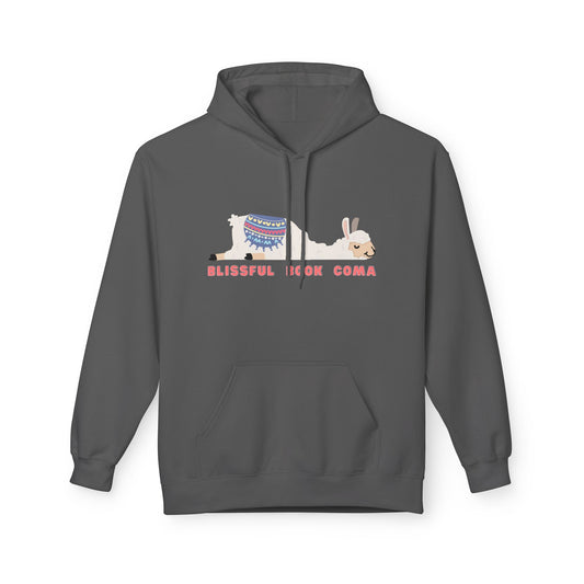 Gray hoodie with an illustration of a relaxed llama in a patterned blanket lying beside the text “Blissful Book Coma.”