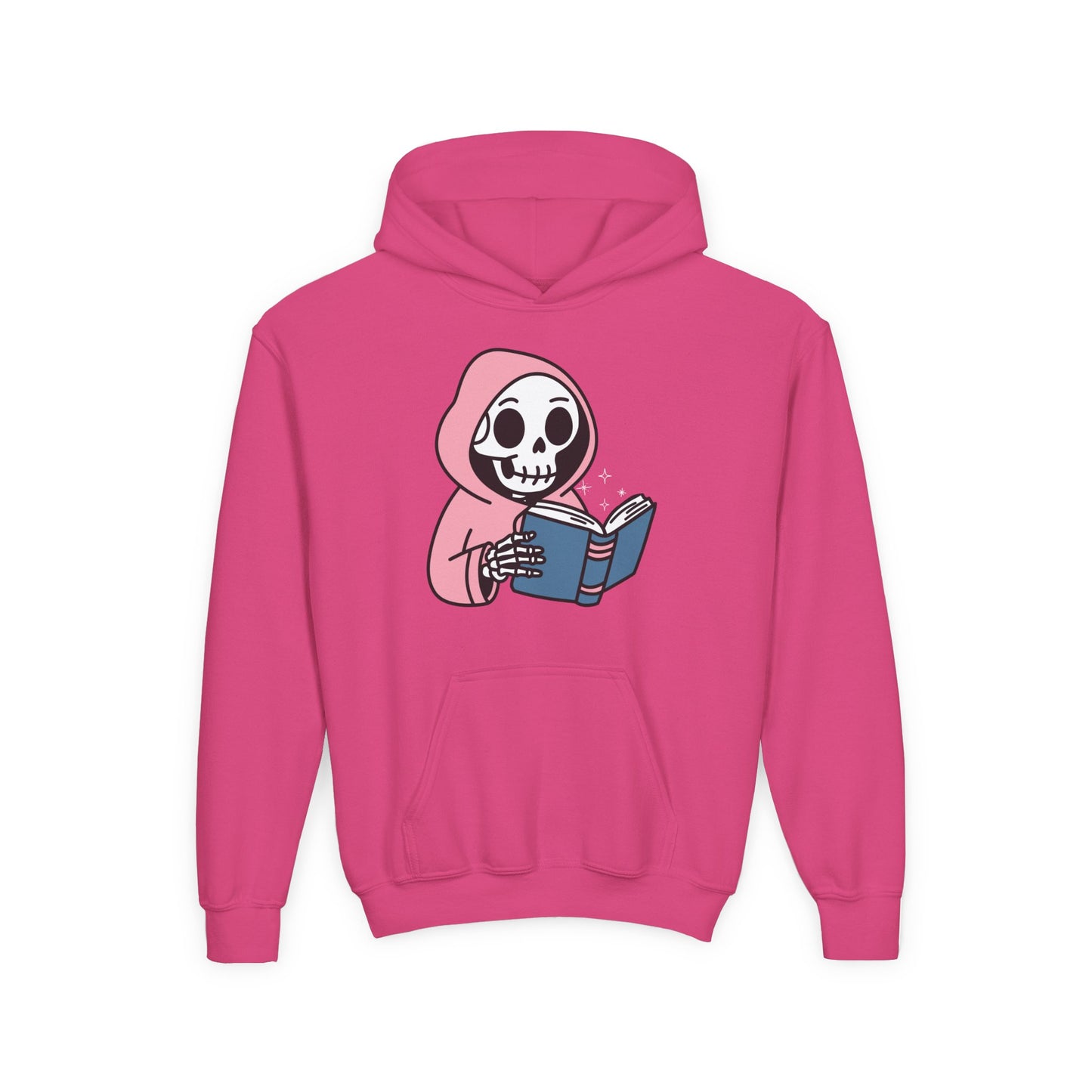 Pink hoodie with a cartoon skeleton reading a book