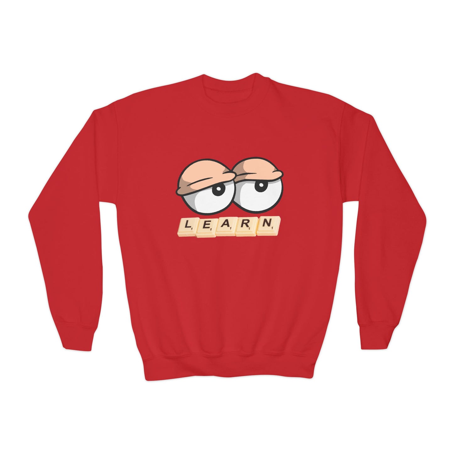 Red sweatshirt with droopy cartoon eyes and 'LEARN' game tile text