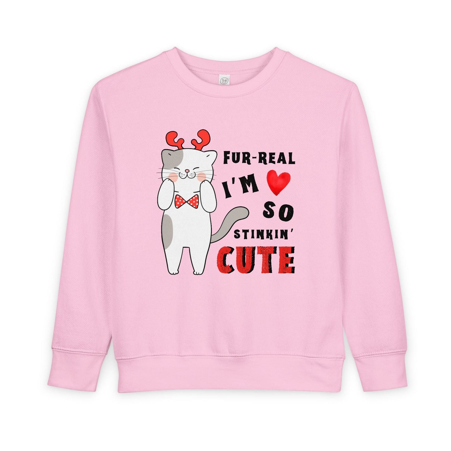 Pink toddler sweatshirt with a gray and white cat graphic wearing red reindeer antlers, holding it's cheeks, text 'FUR-REAL I'M SO CUTE'