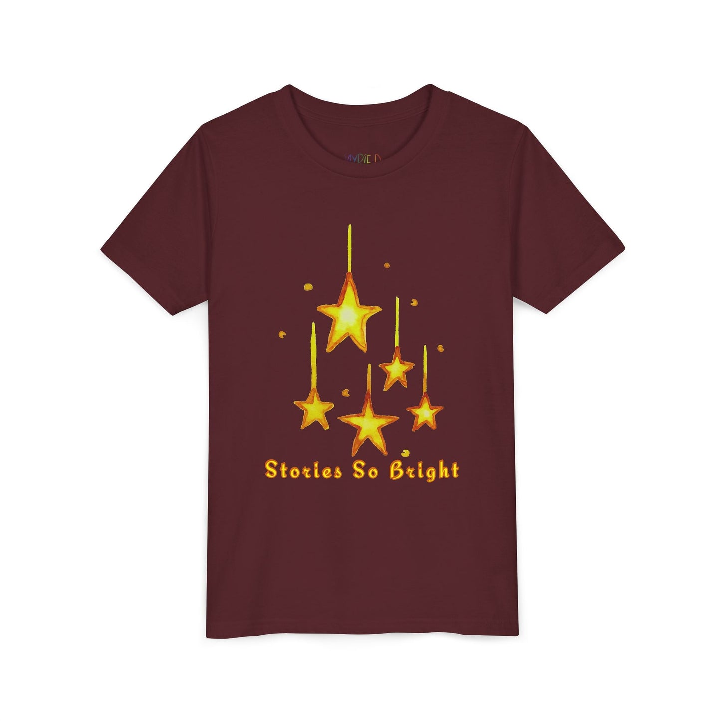 Maroon youth t-shirt with yellow star design and 'Stories So Bright' text on a white background