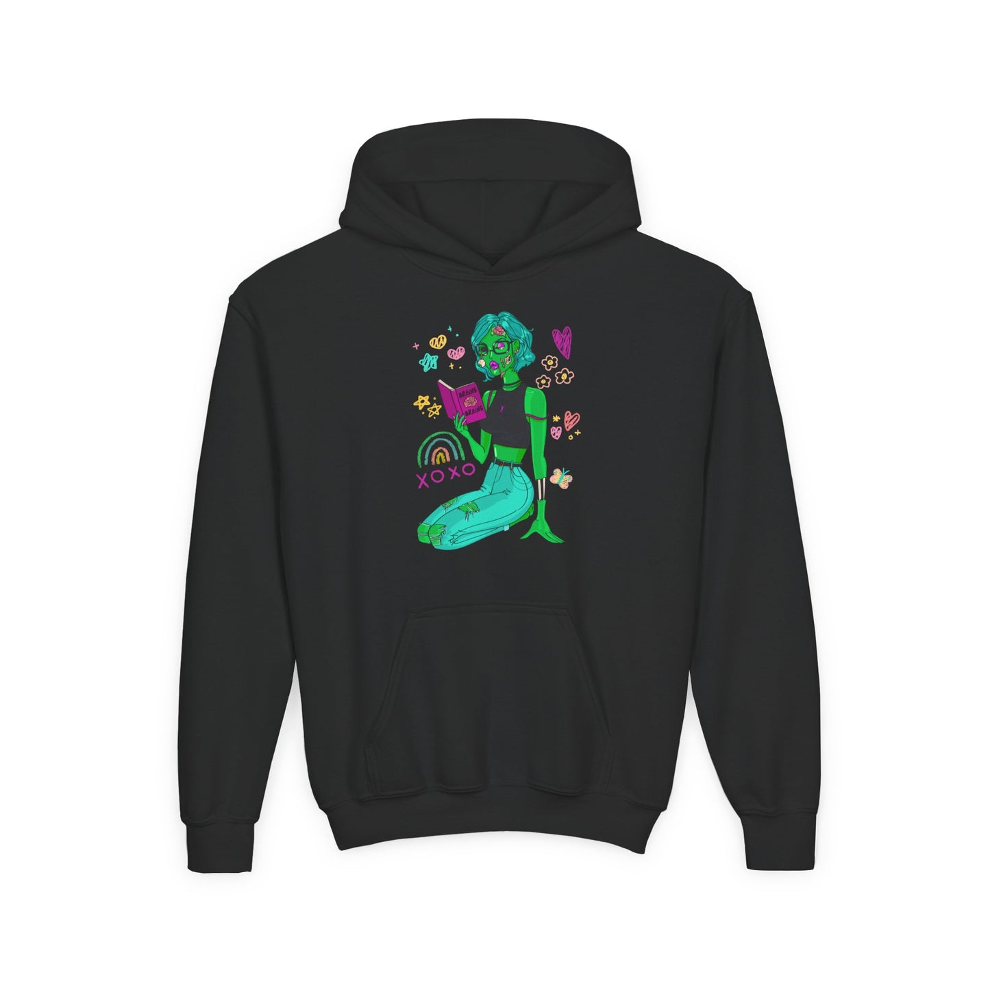 Black youth hoodie with a colorful zombie graphic reading a book, surrounded by colorful doodles