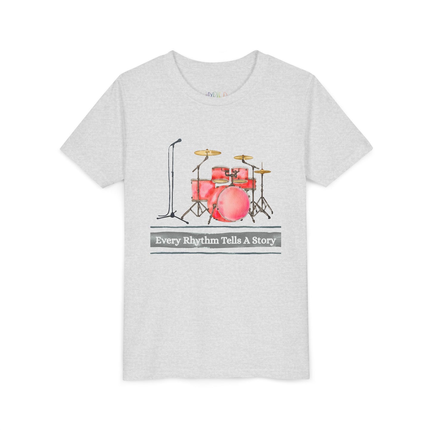 Light gray t-shirt with a microphone, drum set and text 'Every Rhythm Tells A Story'