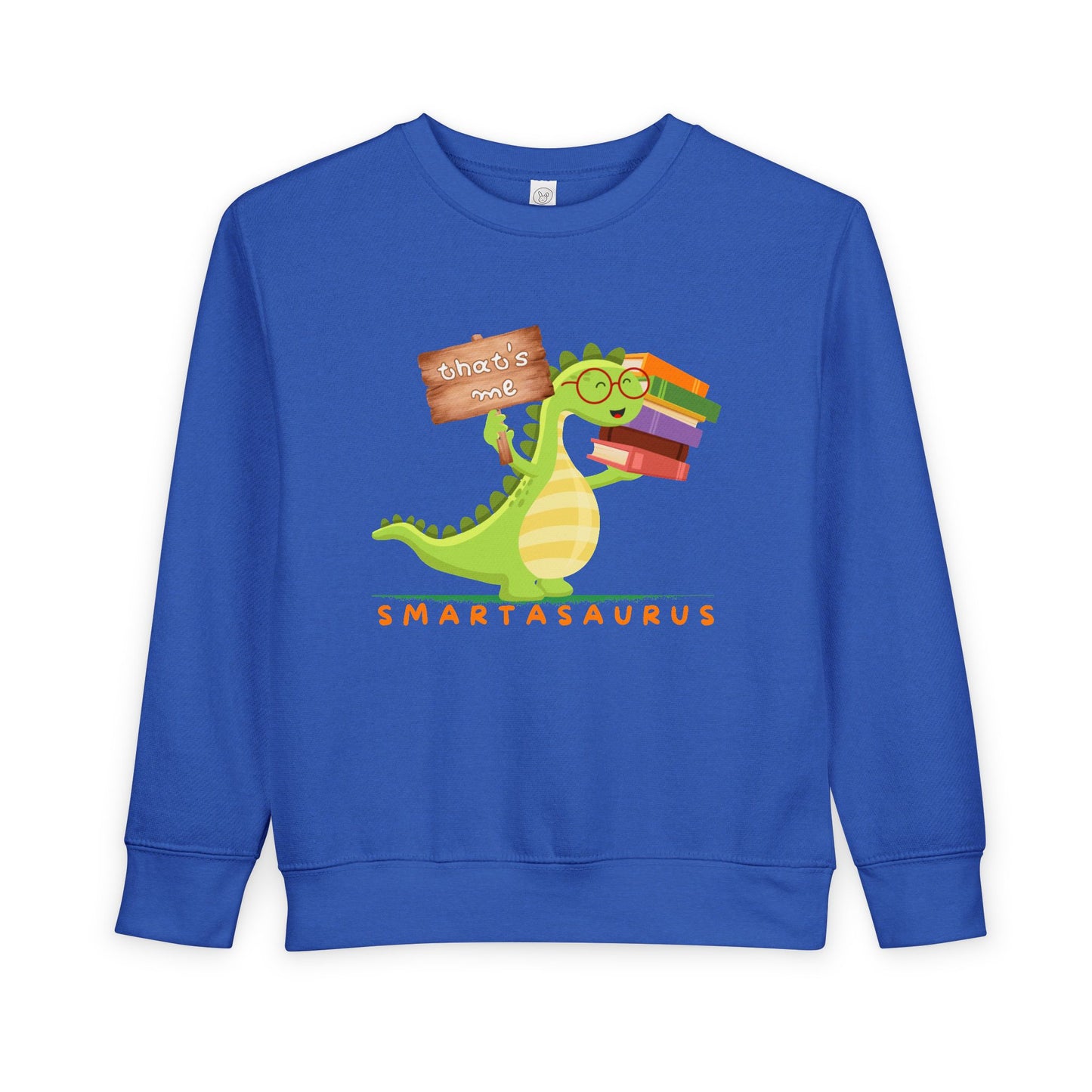 Blue toddler sweatshirt with a smart book loving dinosaur and text 'Smartasaurus'