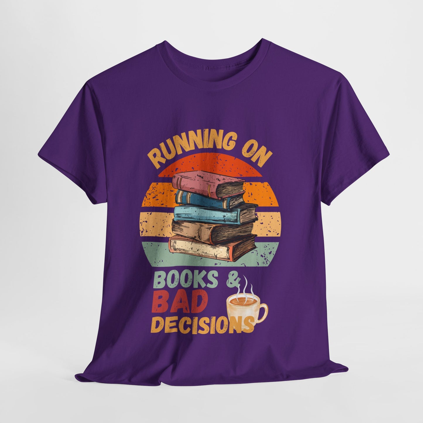 Teen/Adult Unisex Running on Books & Bad Decisions Tee – Funny Retro Reader Shirt for Book Addicts