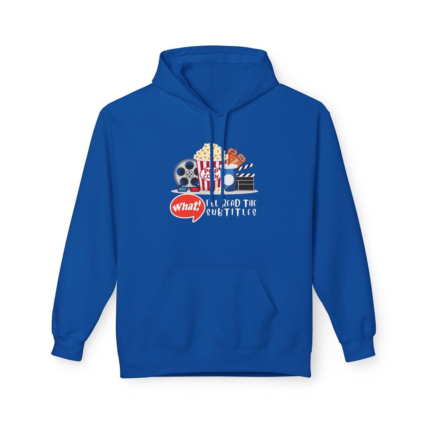 Royal blue hoodie featuring popcorn, soda, film reels, and a clapperboard with text that reads “What? I’ll read the subtitles.”