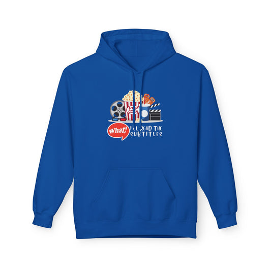 Royal blue hoodie featuring popcorn, soda, film reels, and a clapperboard with text that reads “What? I’ll read the subtitles.”