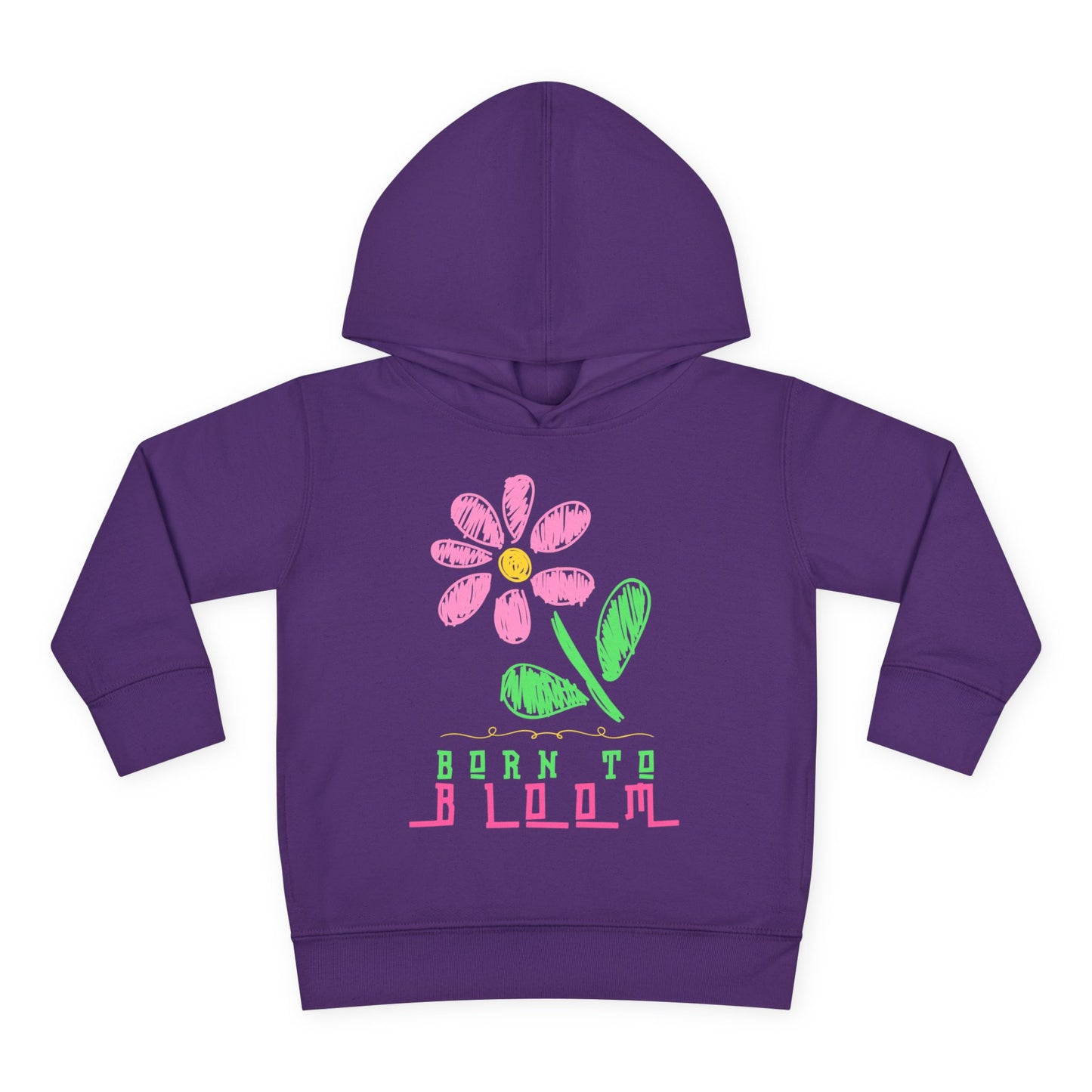 Colorful chalk-style flower with smiling petals and the words “Born to Bloom” in playful lettering — printed on a soft toddler hoodie.