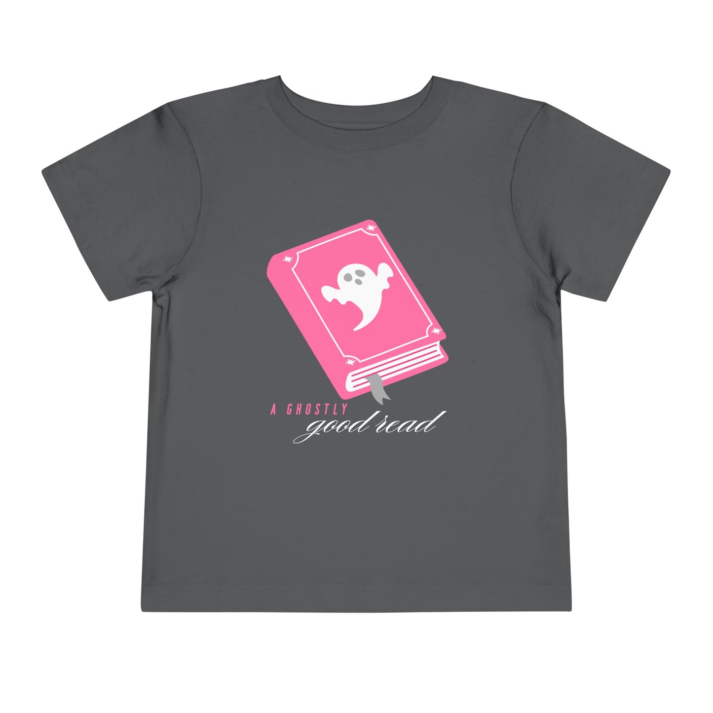 Gray t-shirt with pink book with a ghost on the cover and text 'A ghostly good read'