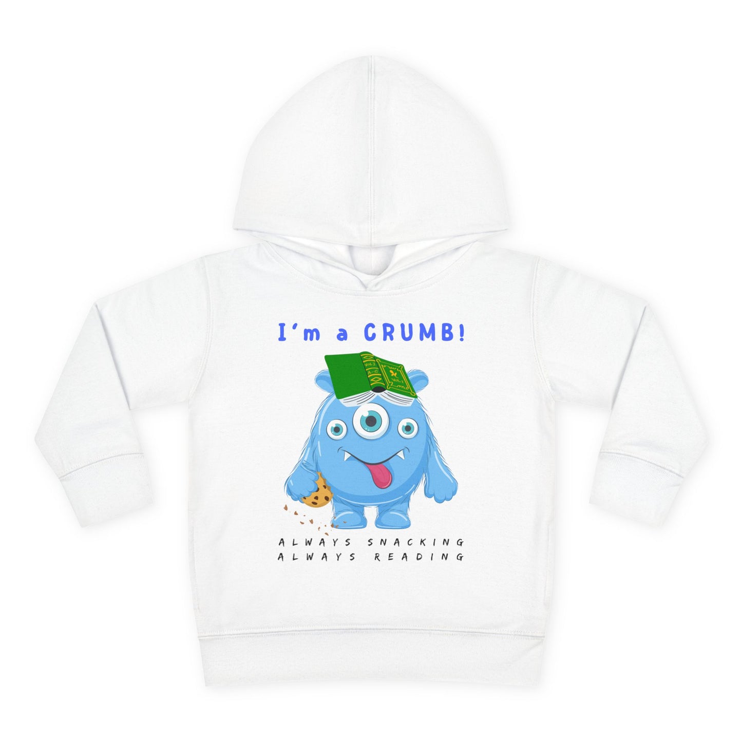 White hoodie with cartoon monster sporting a book on its head, cookie crumbs and text 'I'm a Crumb!'