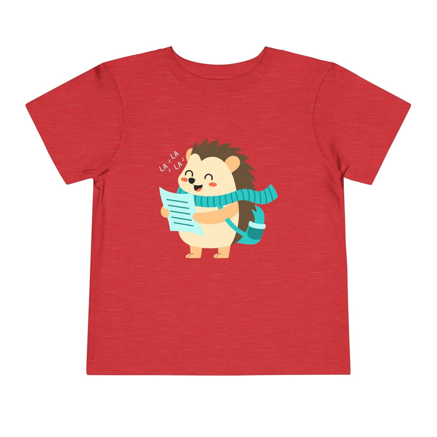 Red toddler t-shirt with a cartoon hedgehog in a flowy scarf and caroling on a white background