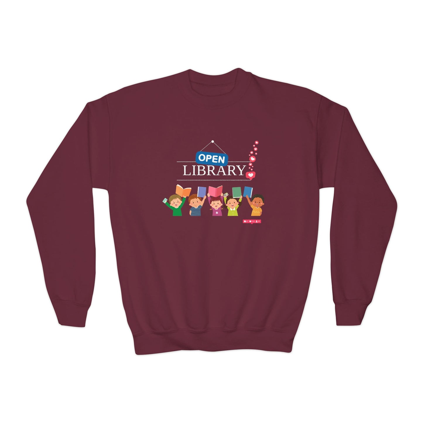 Maroon sweatshirt with an open library sign, social media hearts and children holding up books