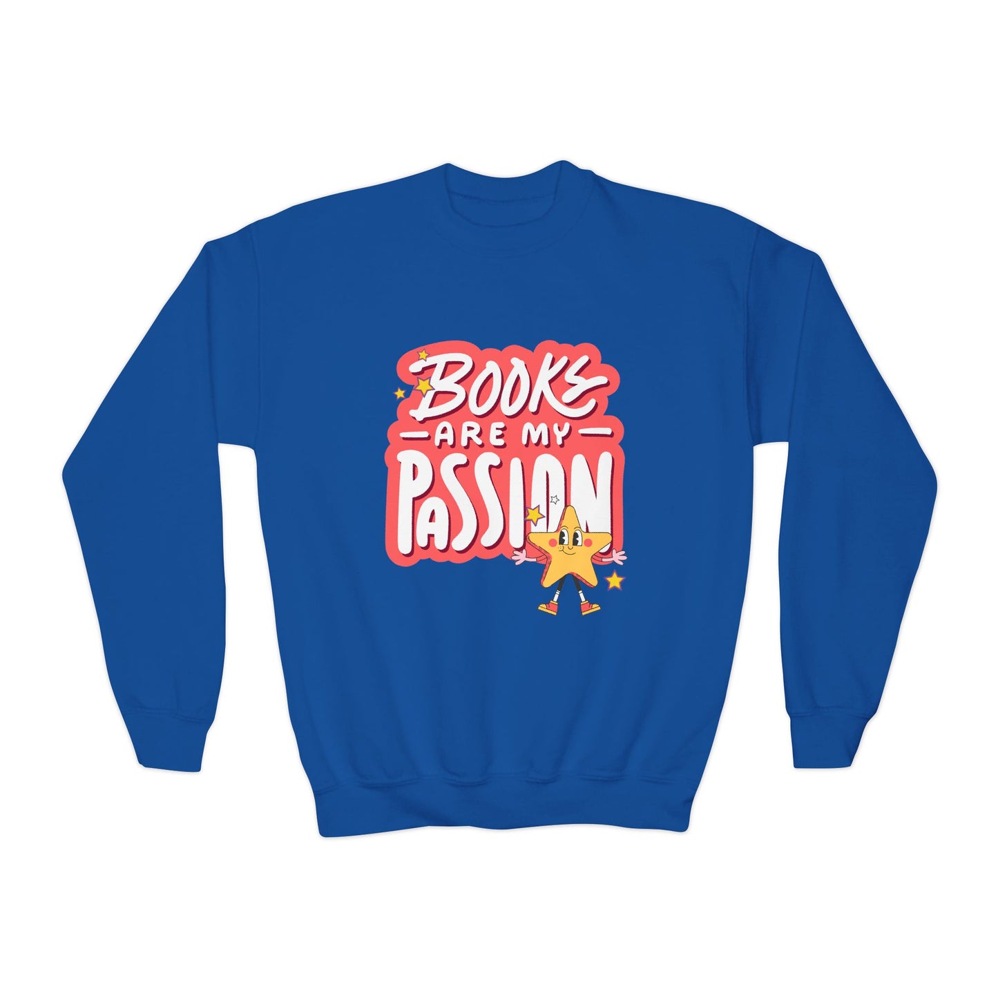 Blue sweatshirt with 'Books are my Passion' text and star graphic