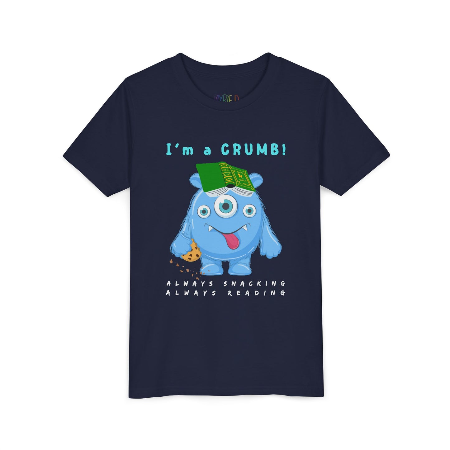 Navy blue t-shirt with a cartoon blue monster holding a book and text 'I'm a CRUMB!'