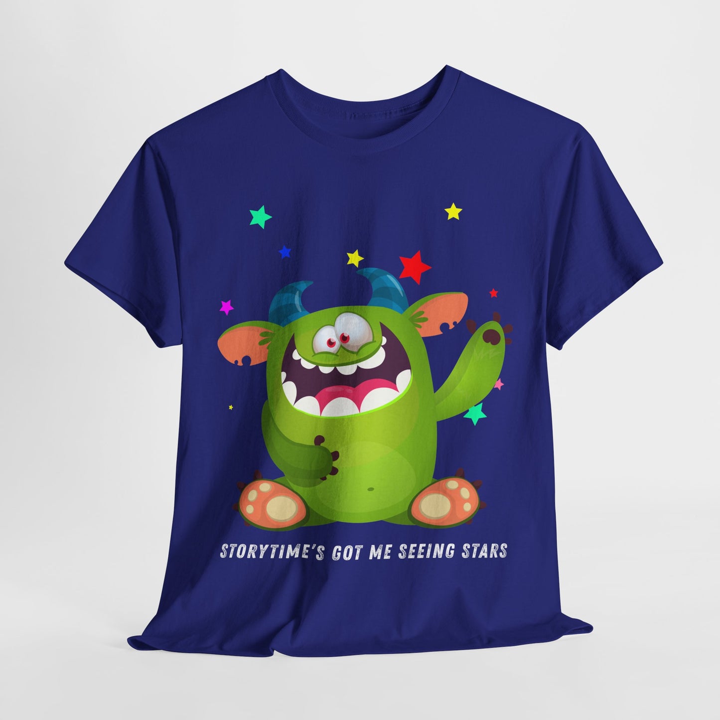Teen/Adult Unisex Storytime’s Got Me Seeing Stars – Playful Monster Reading Tee