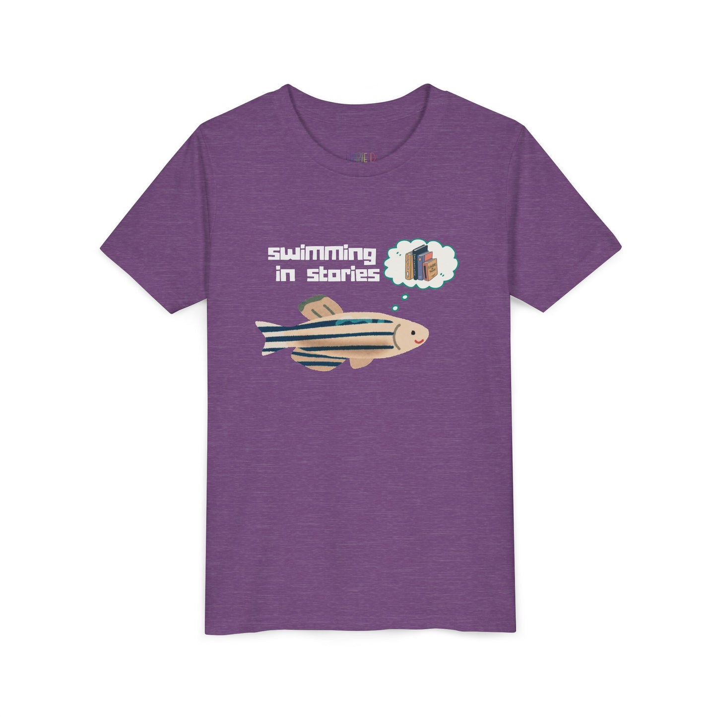 Youth Swimming in Stories Tee – Fun Reading Shirt for Curious Kids. A dreamy design for book-loving adventurers