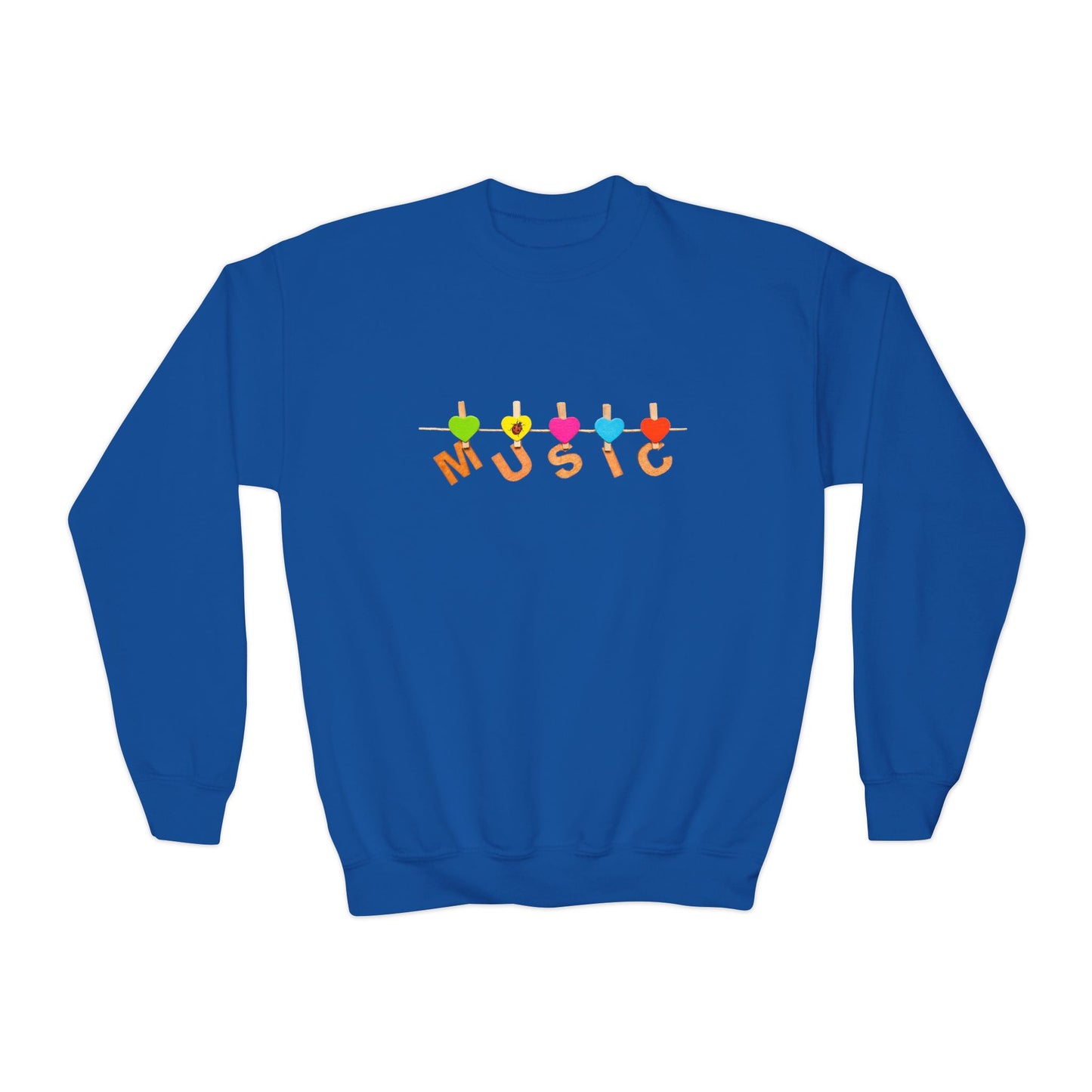 Blue sweatshirt with colorful heart clothesline clips and 'MUSIC' text