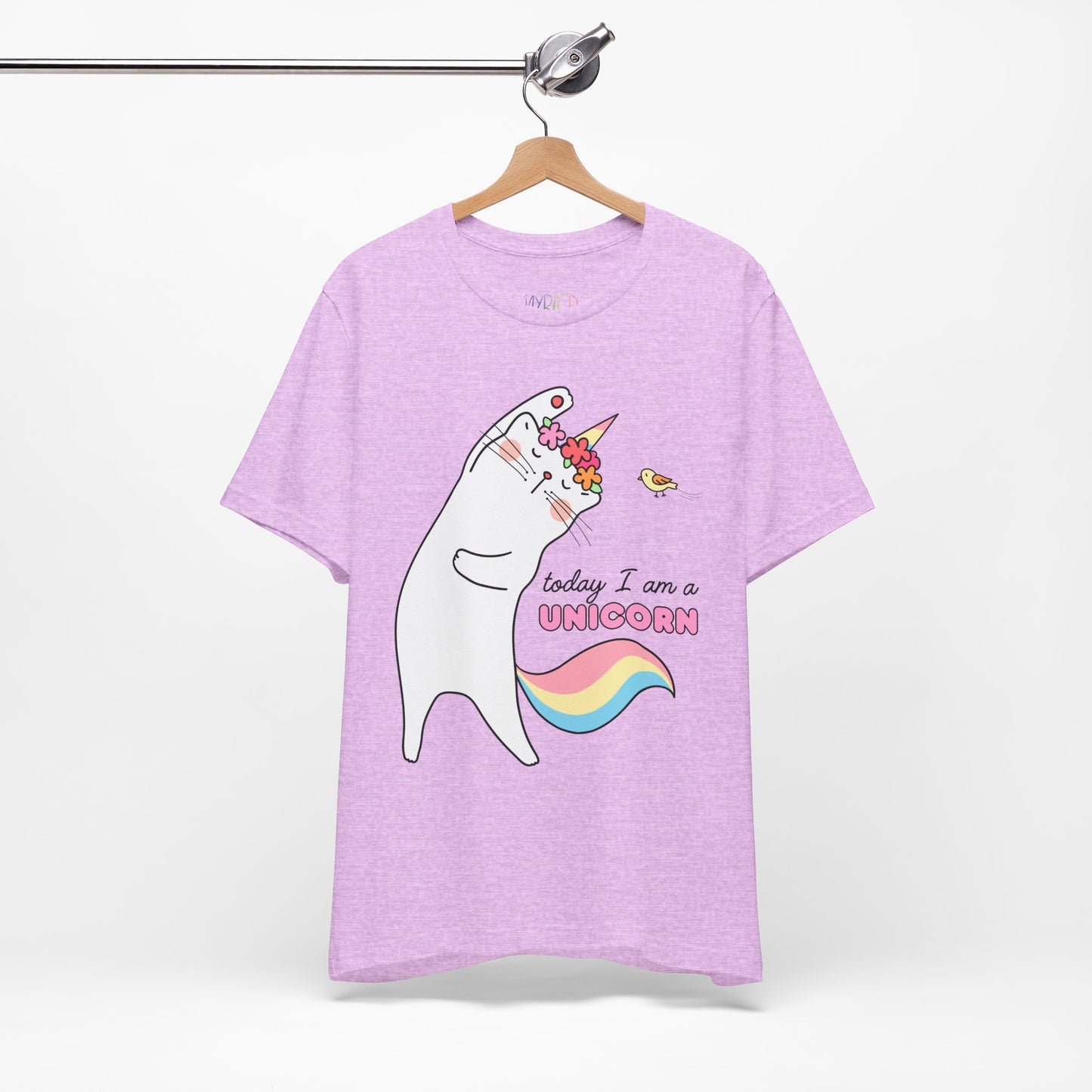 Light purple t-shirt with a cat dressed as a unicorn, doing stretches and text 'Today I Am A Unicorn'