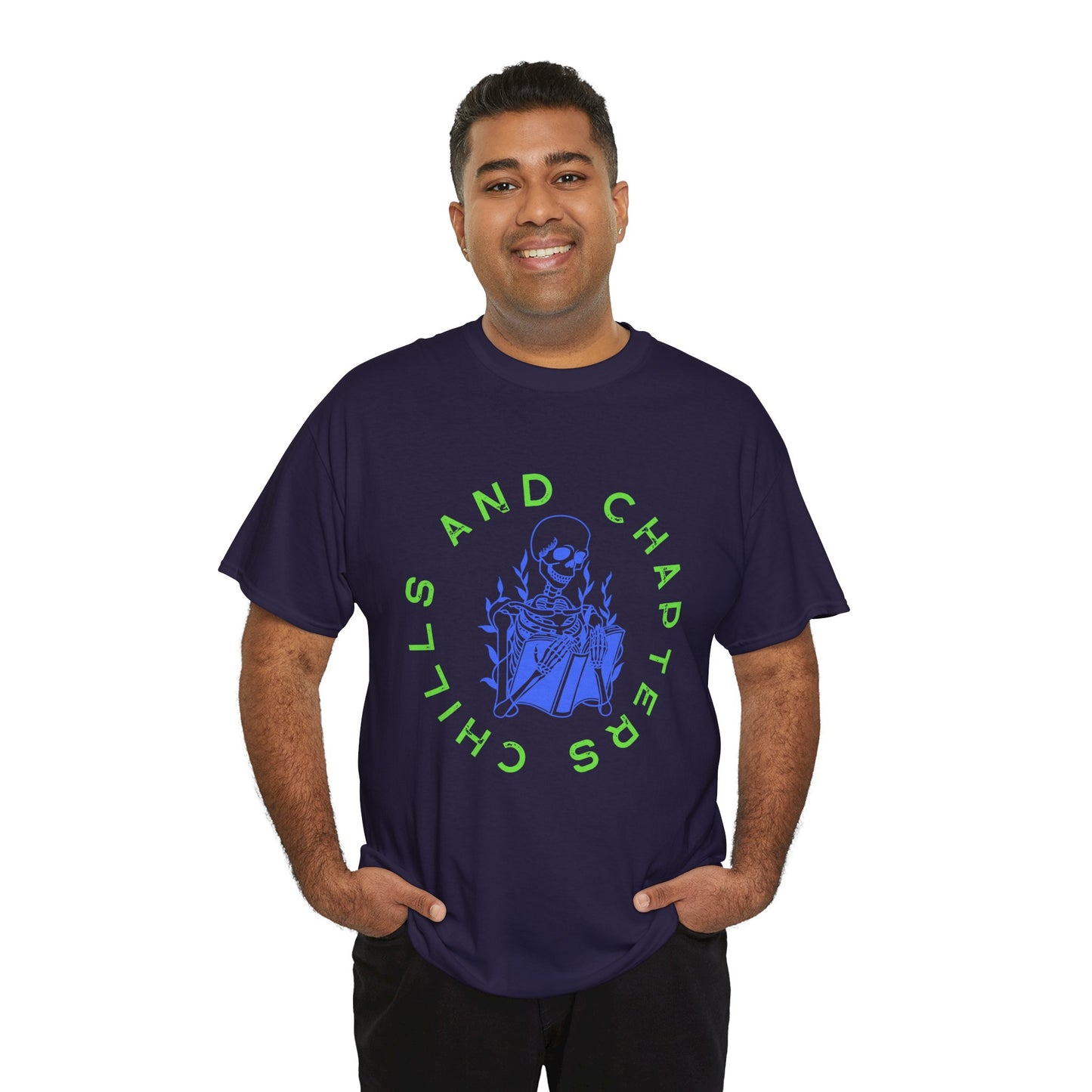 Teen/Adult Unisex Chills and Chapters T-Shirt – Skeleton Horror Reader Graphic Tee