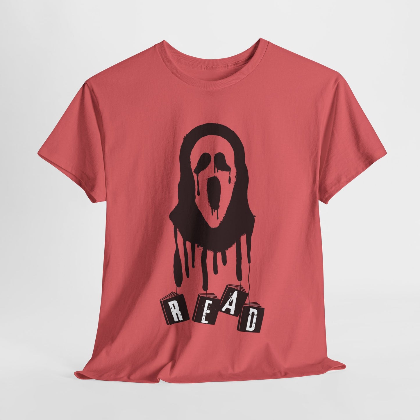 Teen/Adult Unisex Horror Mask READ T-Shirt – Creepy Book Lover Graphic Tee