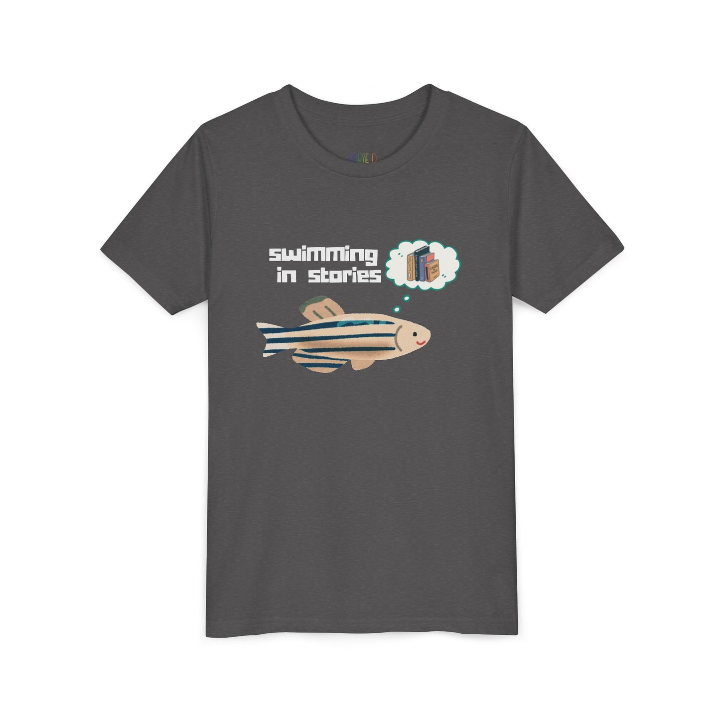 Youth Swimming in Stories Tee – Fun Reading Shirt for Curious Kids. A dreamy design for book-loving adventurers