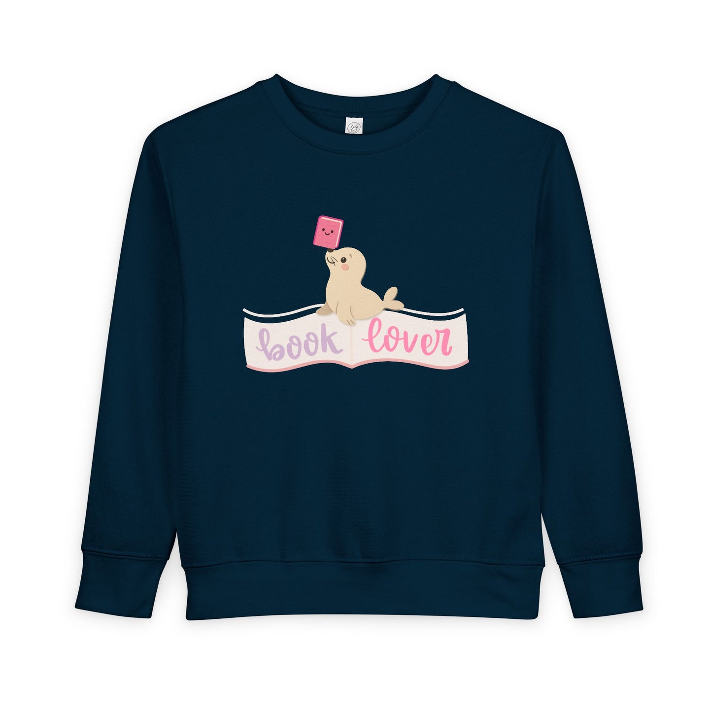 Navy blue toddler sweatshirt with a seal balancing a book on its nose and 'book lover'