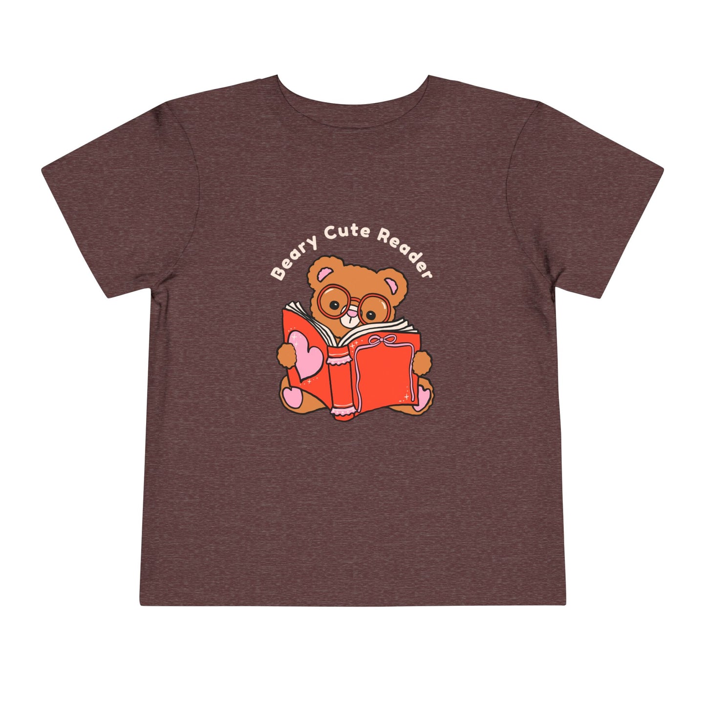 Maroon toddler t-shirt with a bear reading a book and 'Beary Cute Reader' text