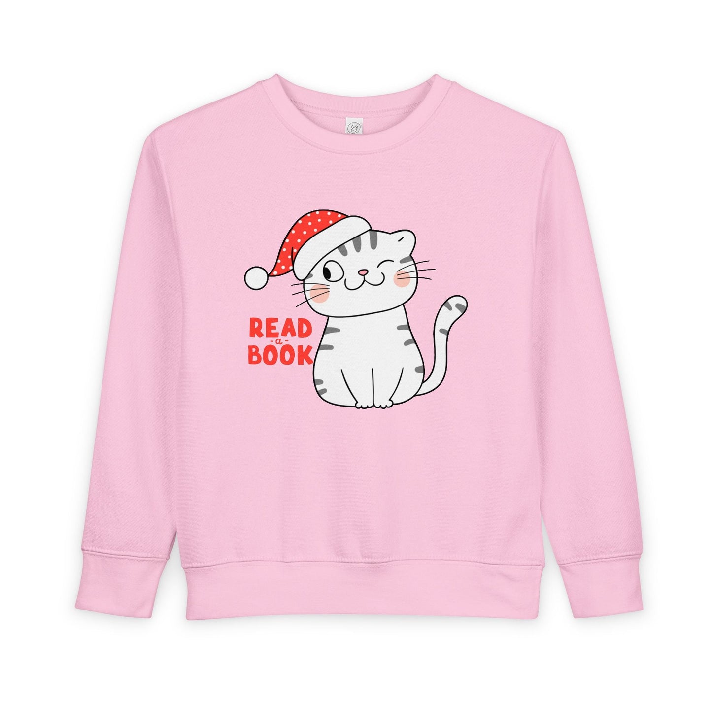 Pink toddler sweatshirt with a winking gray and white cat wearing a Santa hat and 'Read a Book' text on a white background