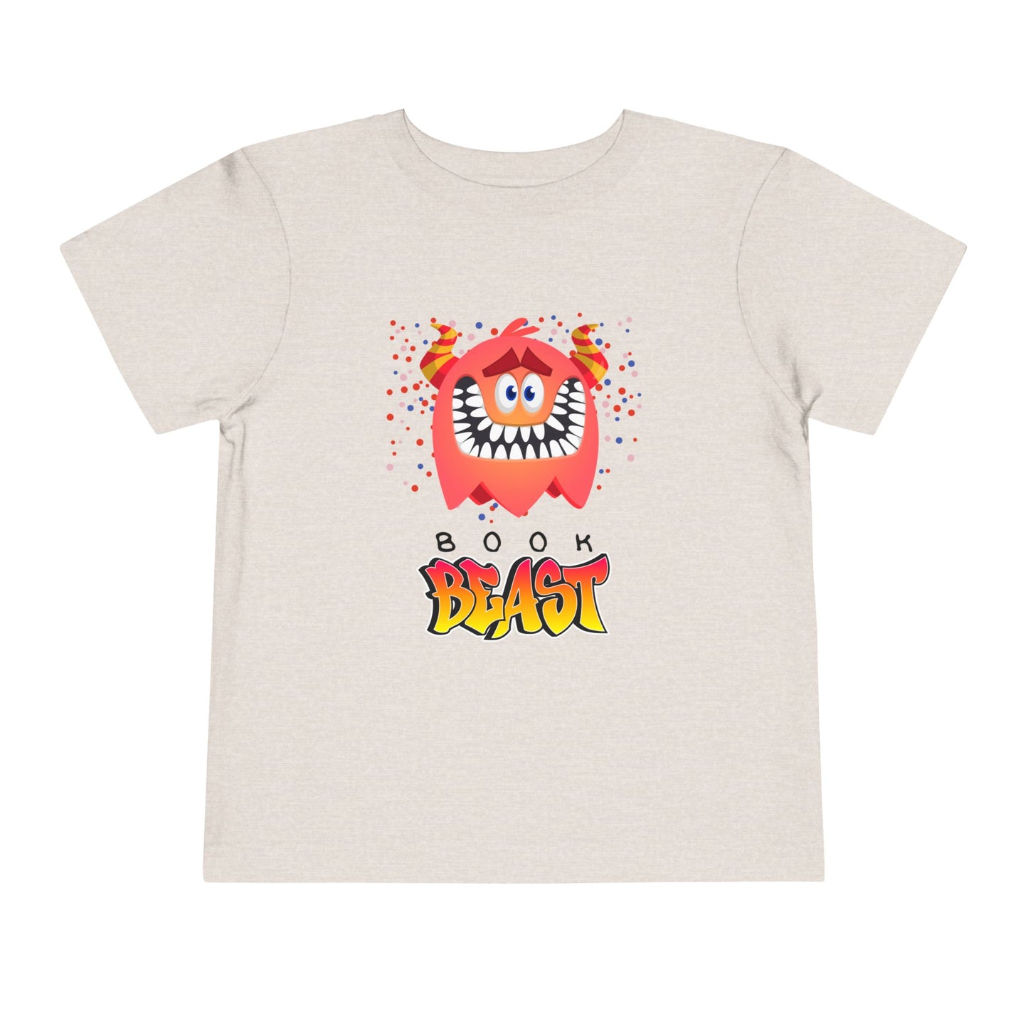 Tan toddler t-shirt with a toothy grinning monster surrounded by colorful confetti and 'Book Beast' text