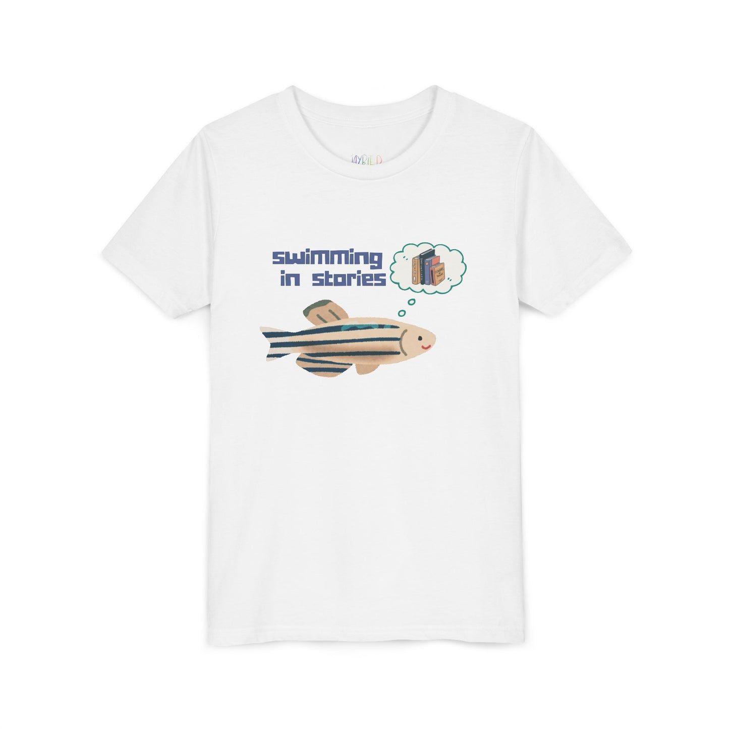 Youth Swimming in Stories Tee – Fun Reading Shirt for Curious Kids. A dreamy design for book-loving adventurers