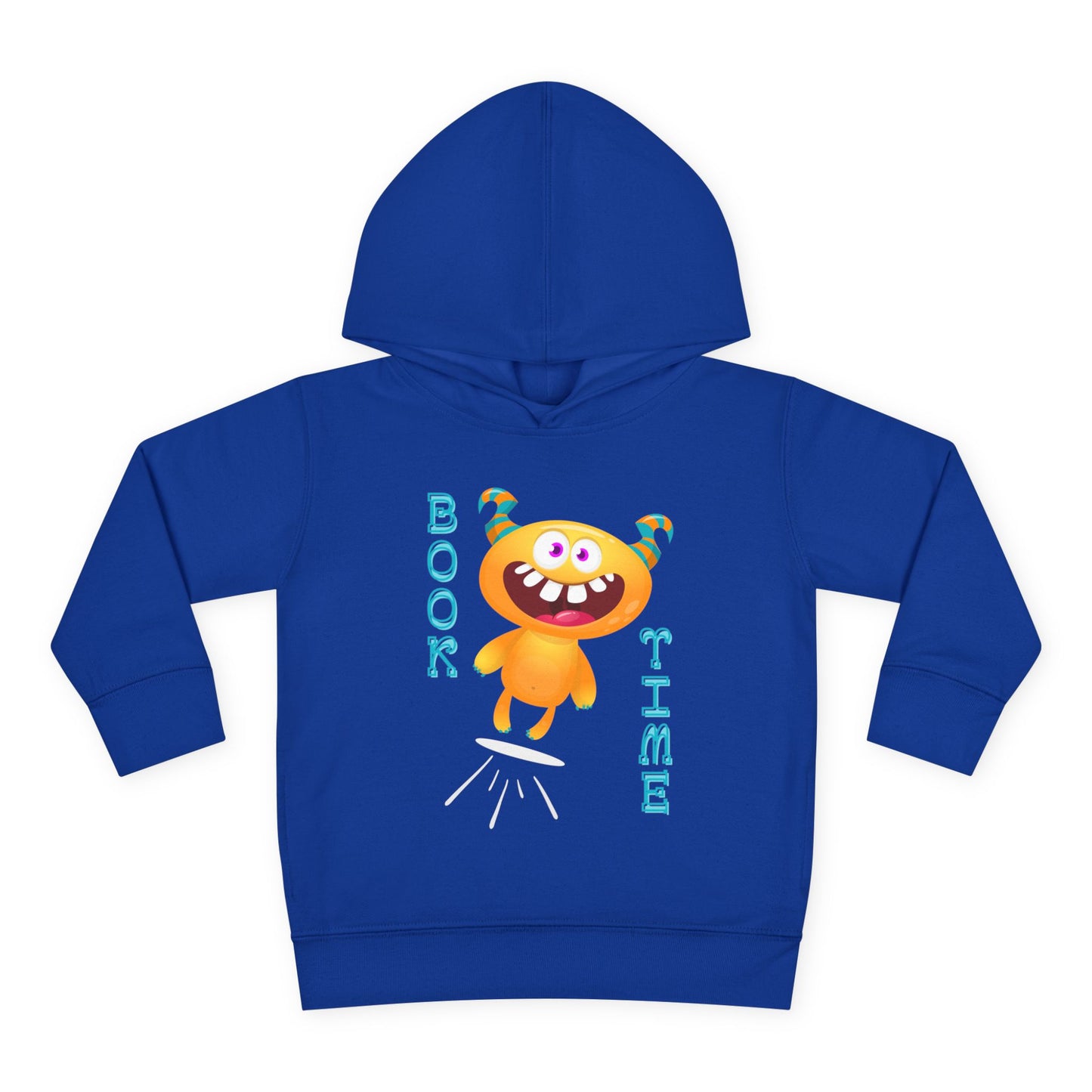 Blue toddler hoodie with a cartoon monster jumping and text 'BOOK TIME'
