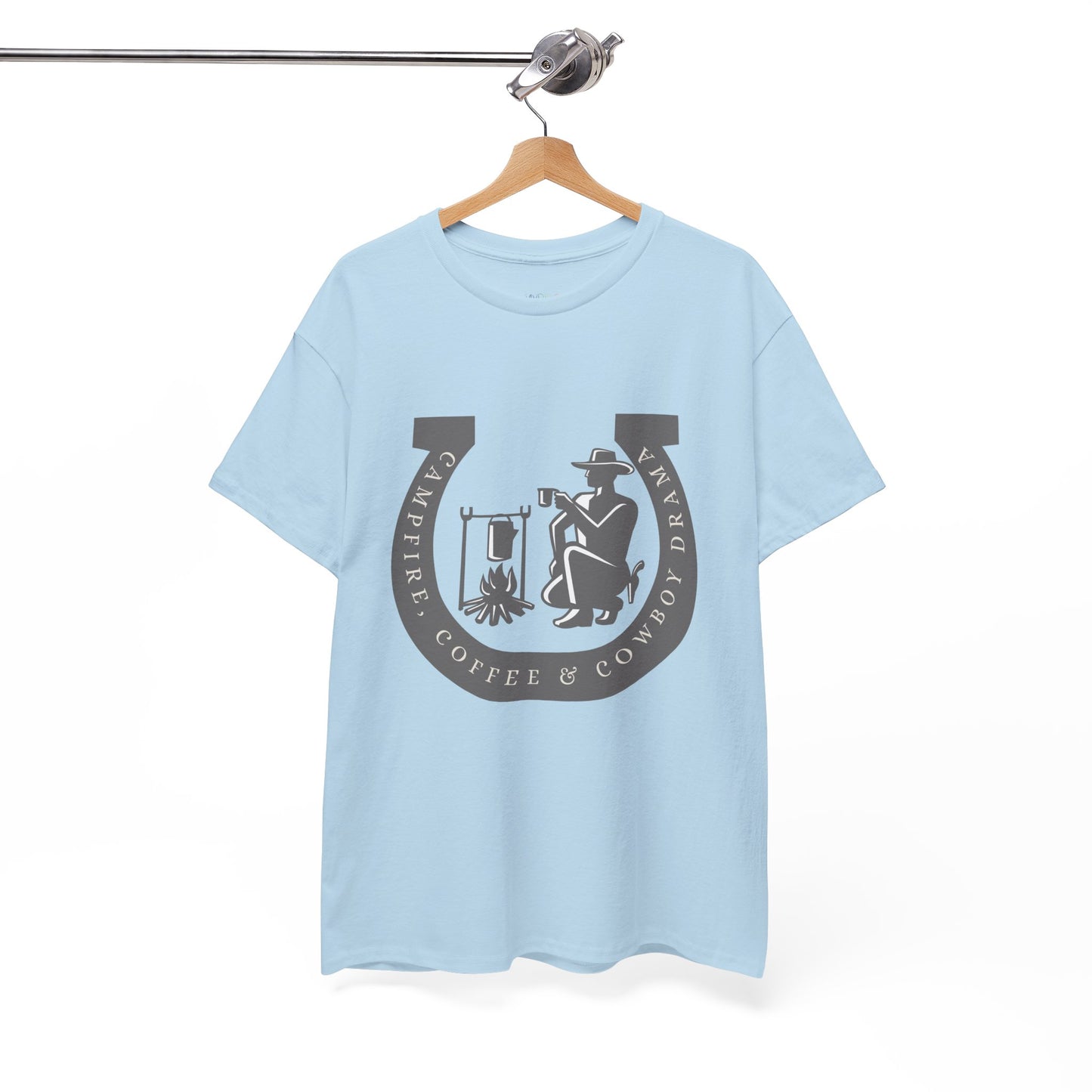 Light blue t-shirt with a large gray horseshoe graphic around a cowboy campfire and text 'Campfire, Coffee & Cowboy Drama'