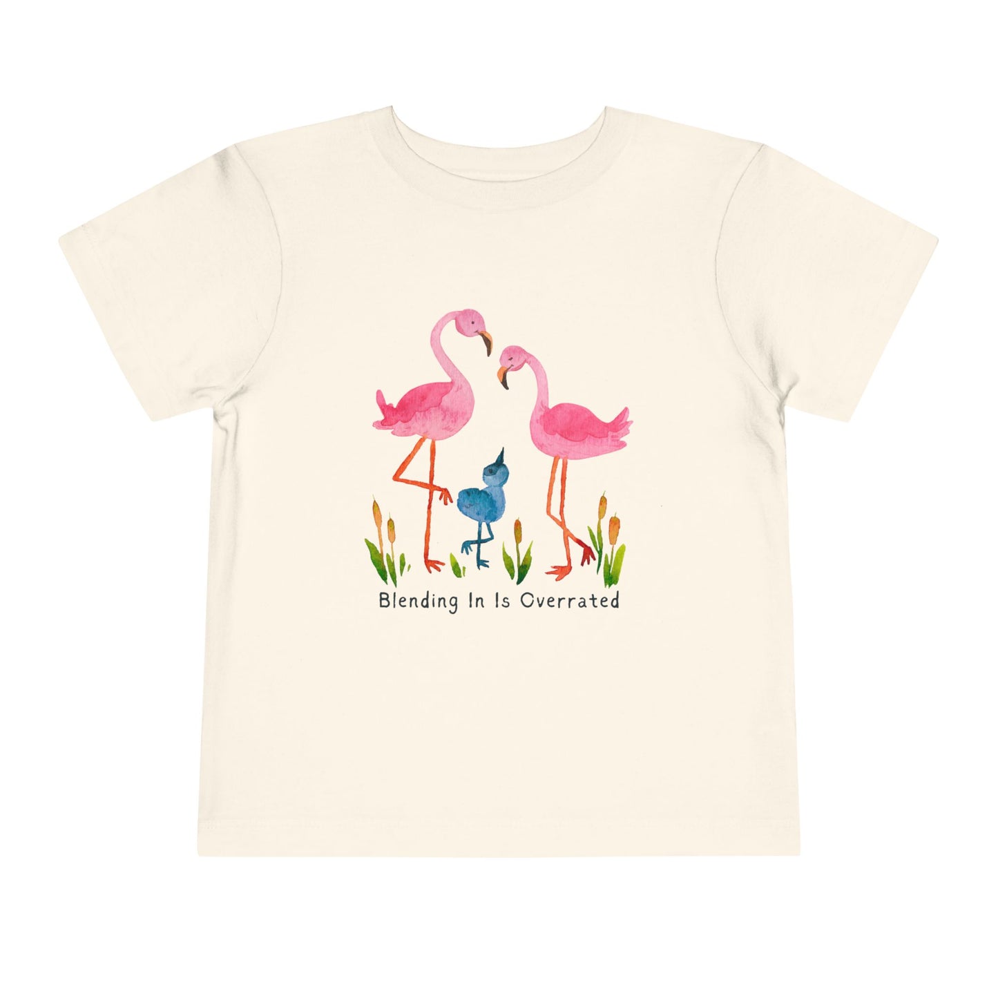 Beige toddler t-shirt with pink flamingo family and text 'Blending In Is Overrated'