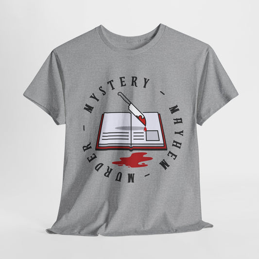Gray t-shirt with a graphic design featuring a book, bloody knife and text 'Murder - Mystery - Mayhem'