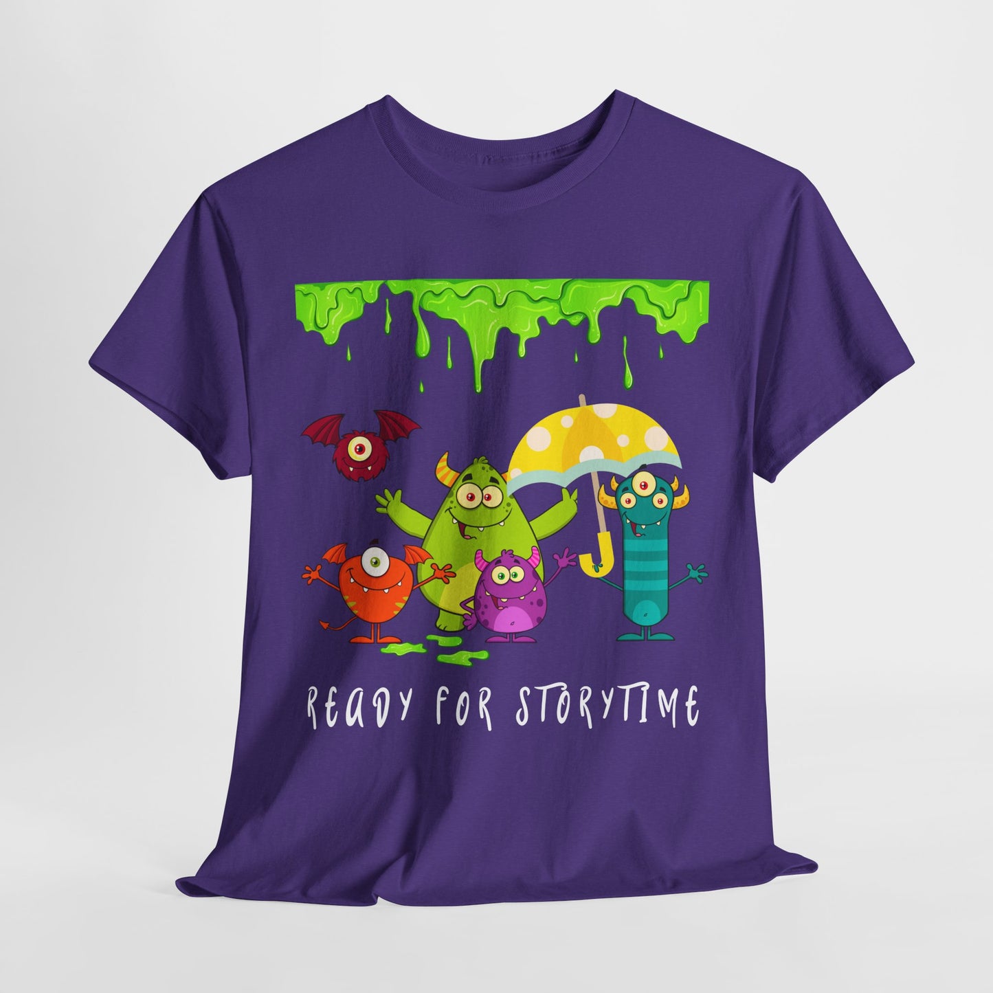 Teen/Adult Unisex “Ready for Storytime” Tee – Slime-Dripped Monster Squad Book Shirt for Fun-Loving Readers