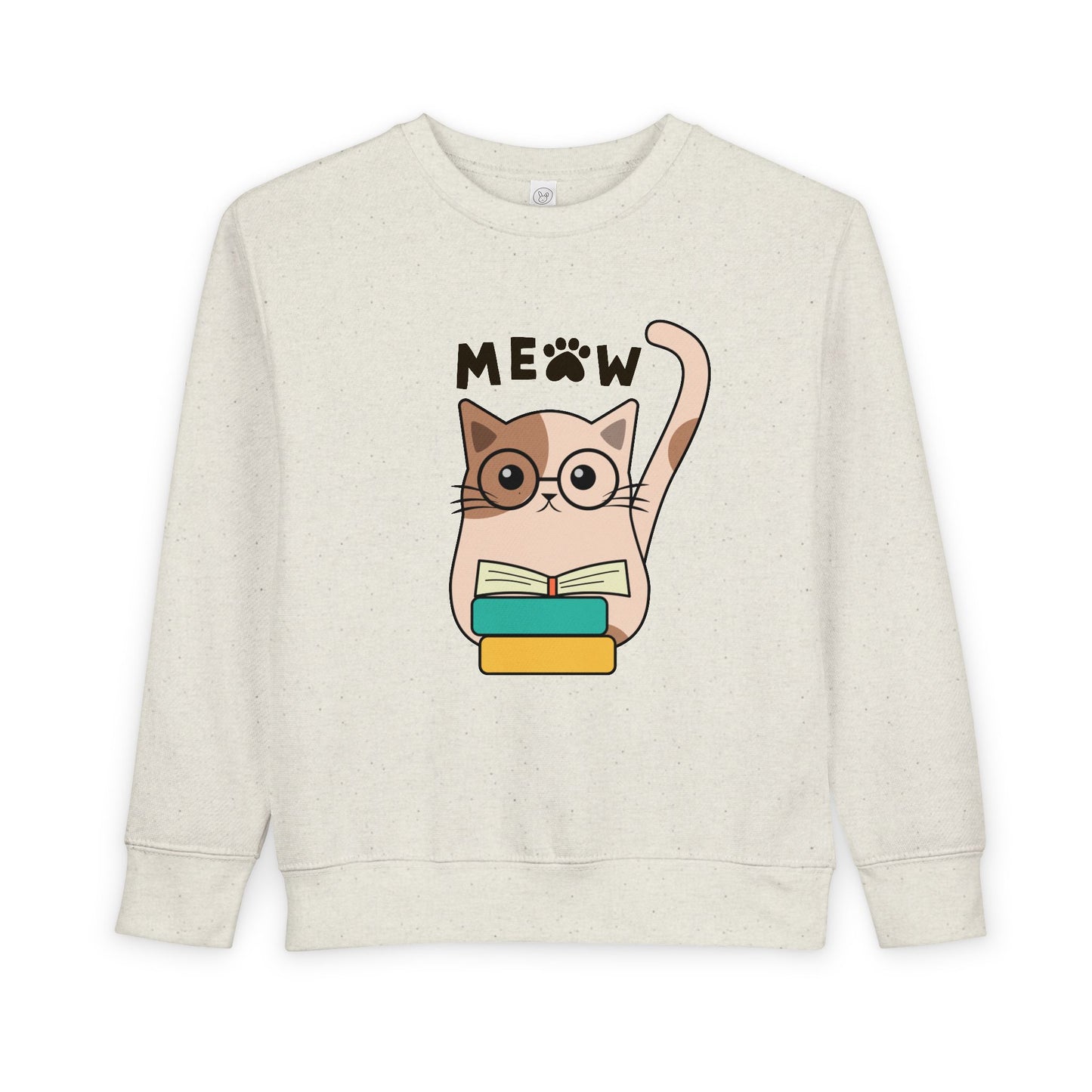 Beige toddler sweatshirt of an eye glass wearing cat, a stack of books and playful text 'meow'