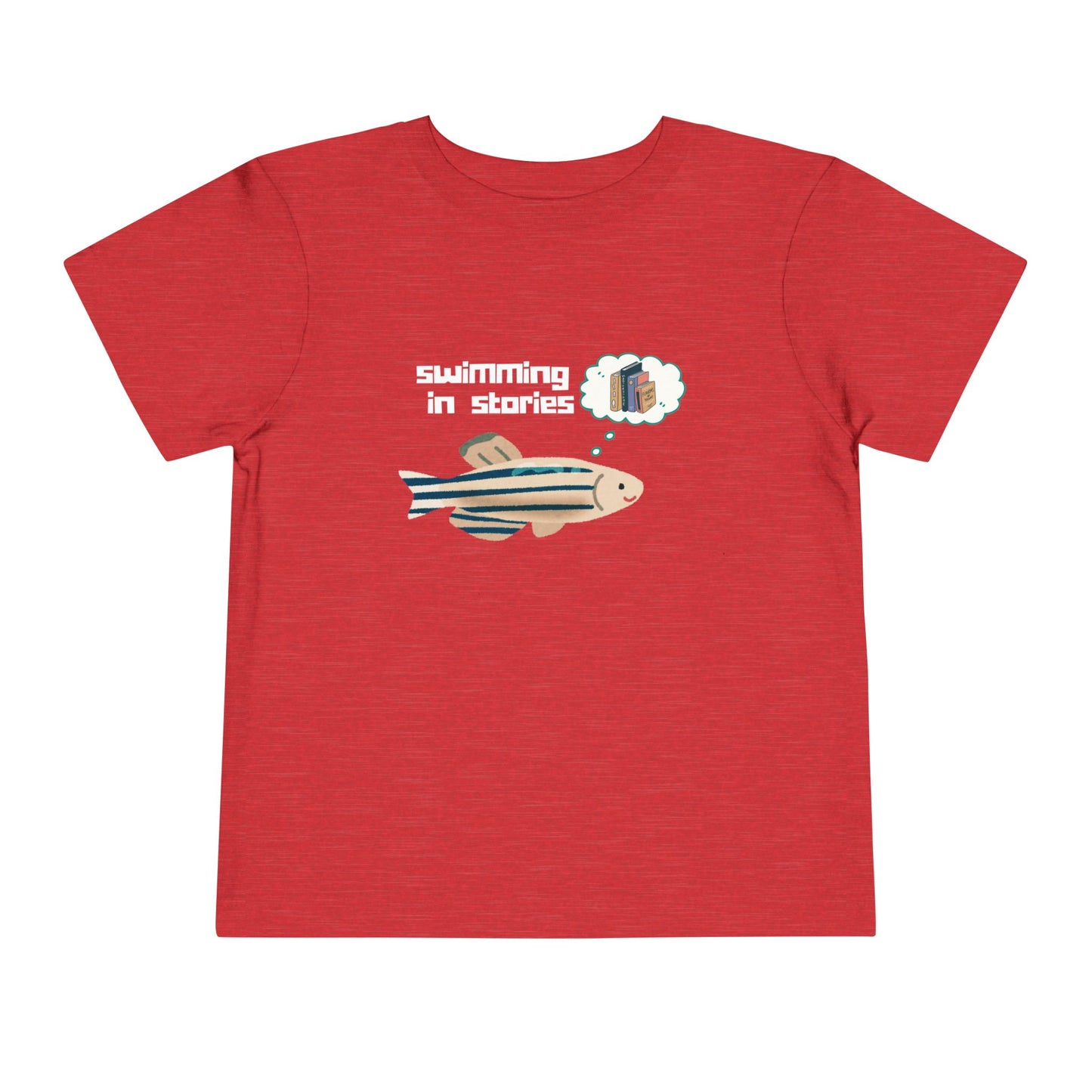 Red t-shirt with a fish graphic, thought bubble picturing books, and text 'swimming in stories'