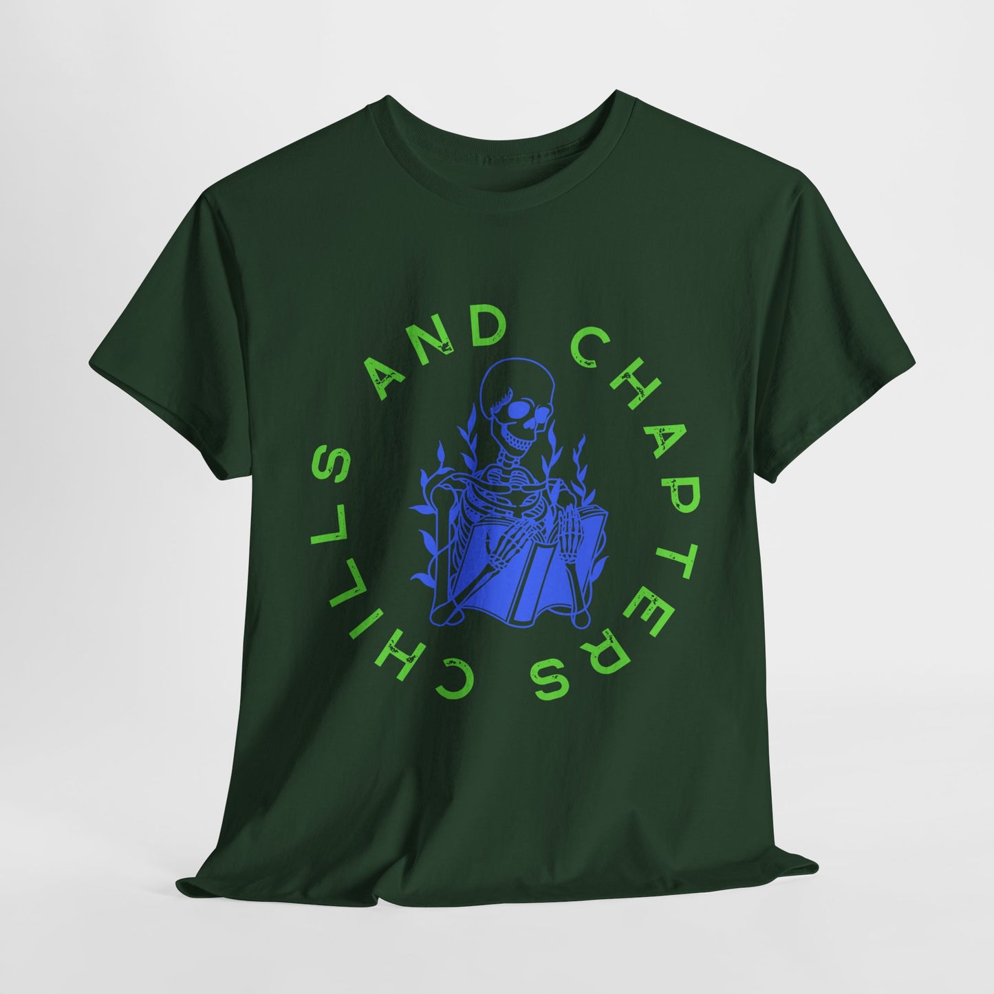 Teen/Adult Unisex Chills and Chapters T-Shirt β Skeleton Horror Reader Graphic Tee