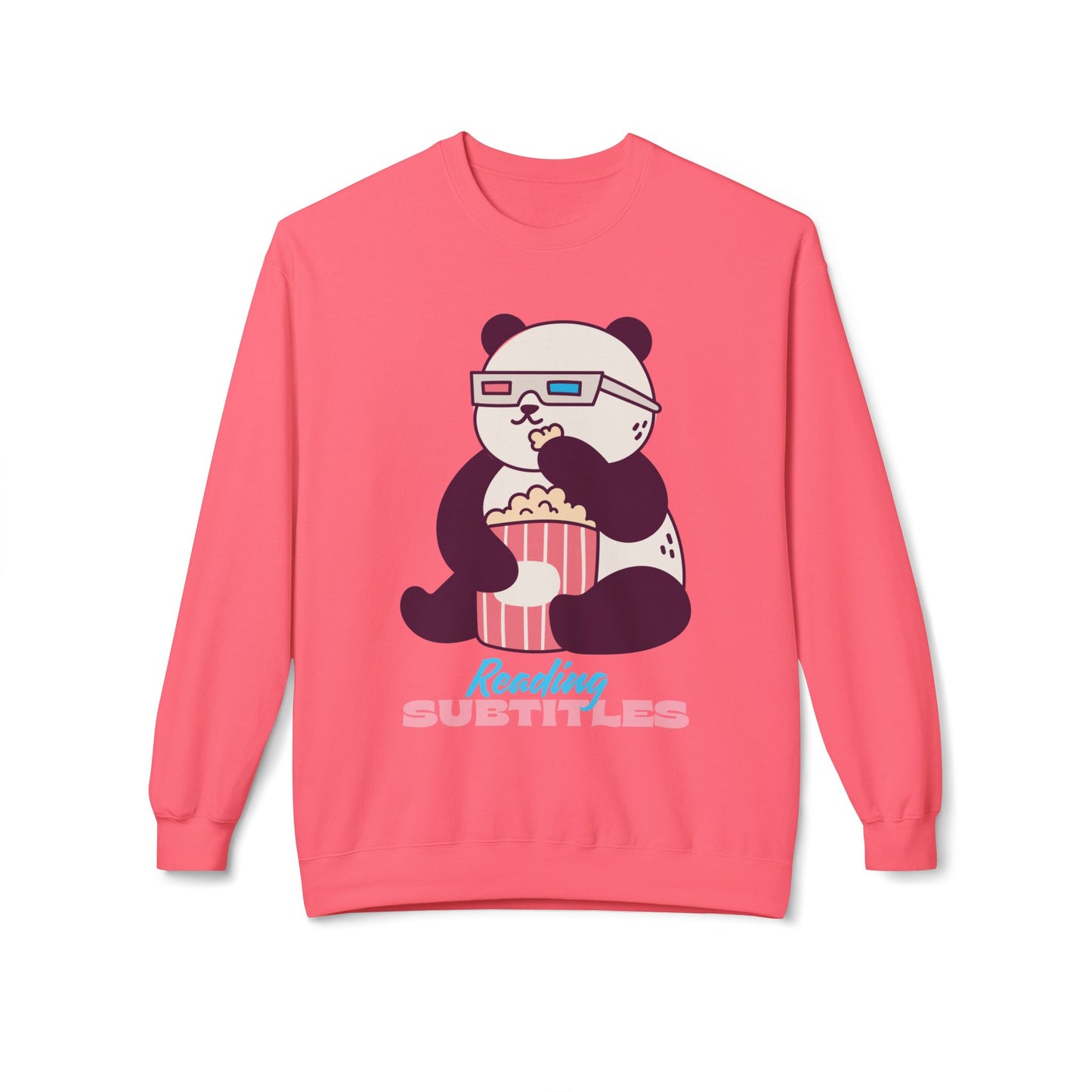 Pink sweatshirt with a panda design eating popcorn and wearing 3D glasses, text 'Reading Subtitles'