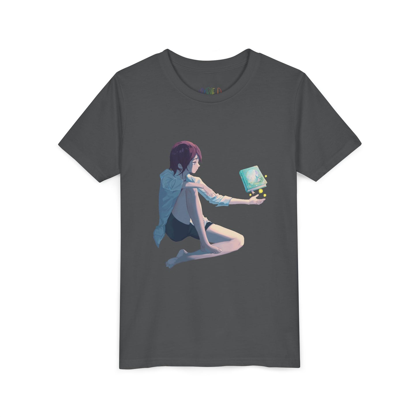 Gray t-shirt with a fantasy illustration of a person holding their palm up and a book floating above it
