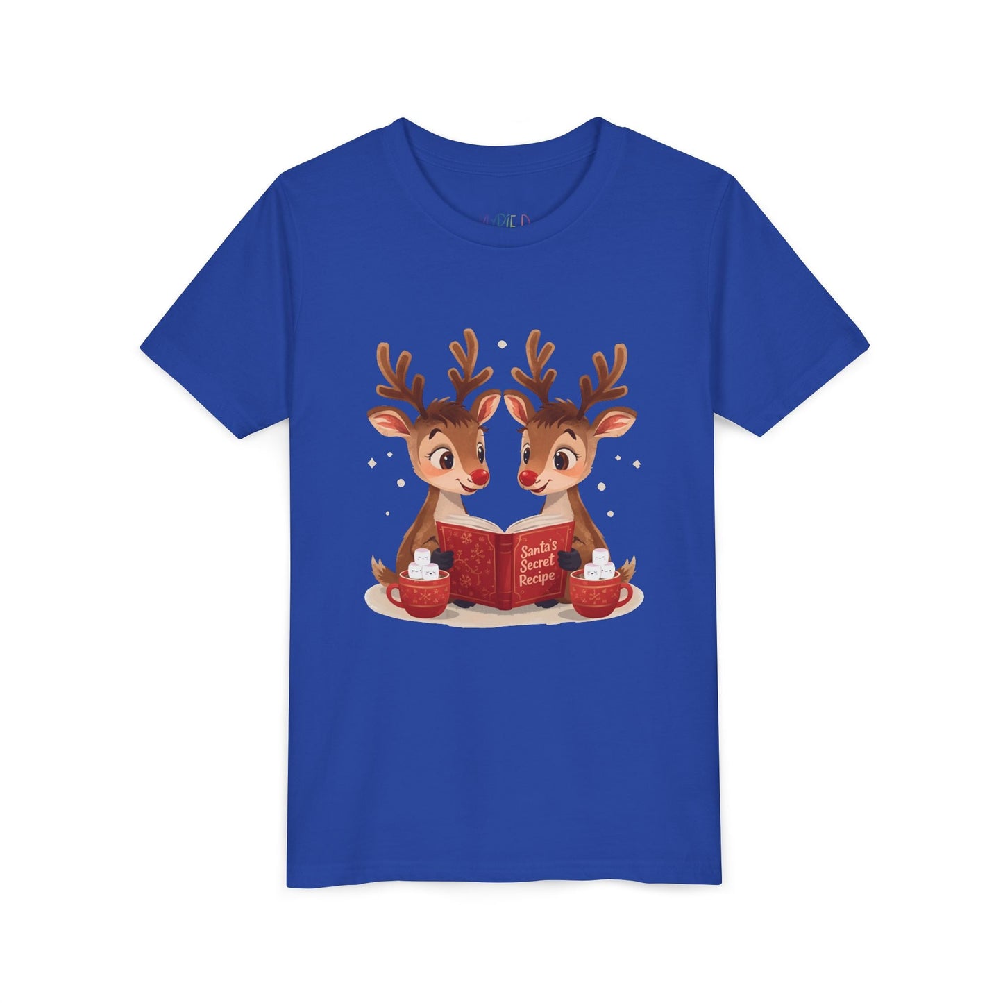 Youth Santa’s Secret Recipes T-Shirt – Cute Reindeer Reading Design Printify